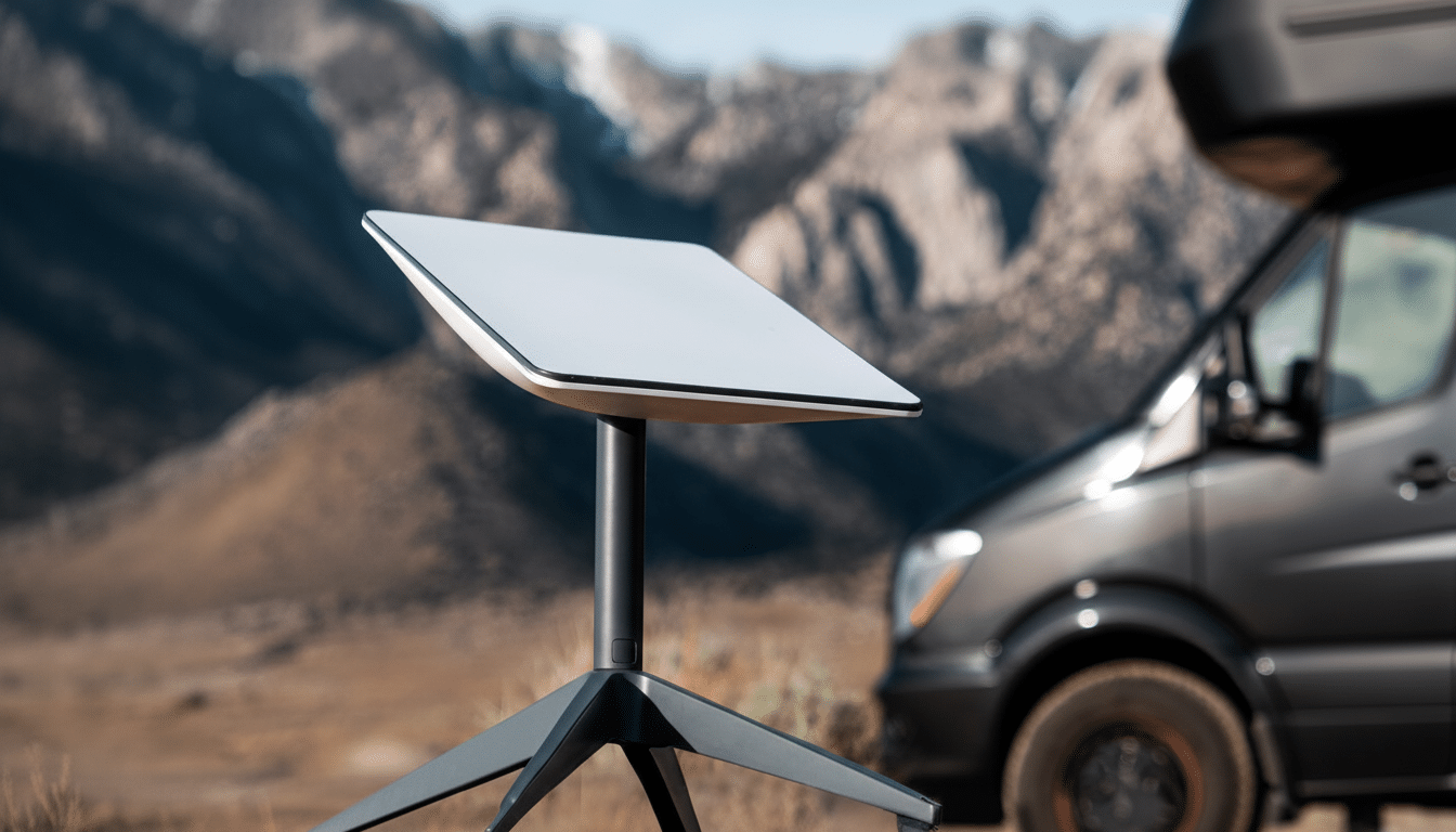 A Starlink satellite dish is set up in a mountainous, outdoor environment, with a camper van partially visible in the background.