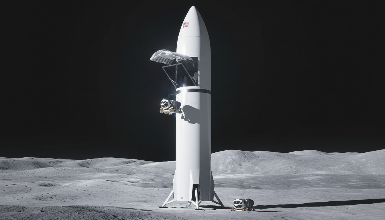 A white rocket stands on a lunar surface with a dark sky, featuring an open bay revealing equipment.