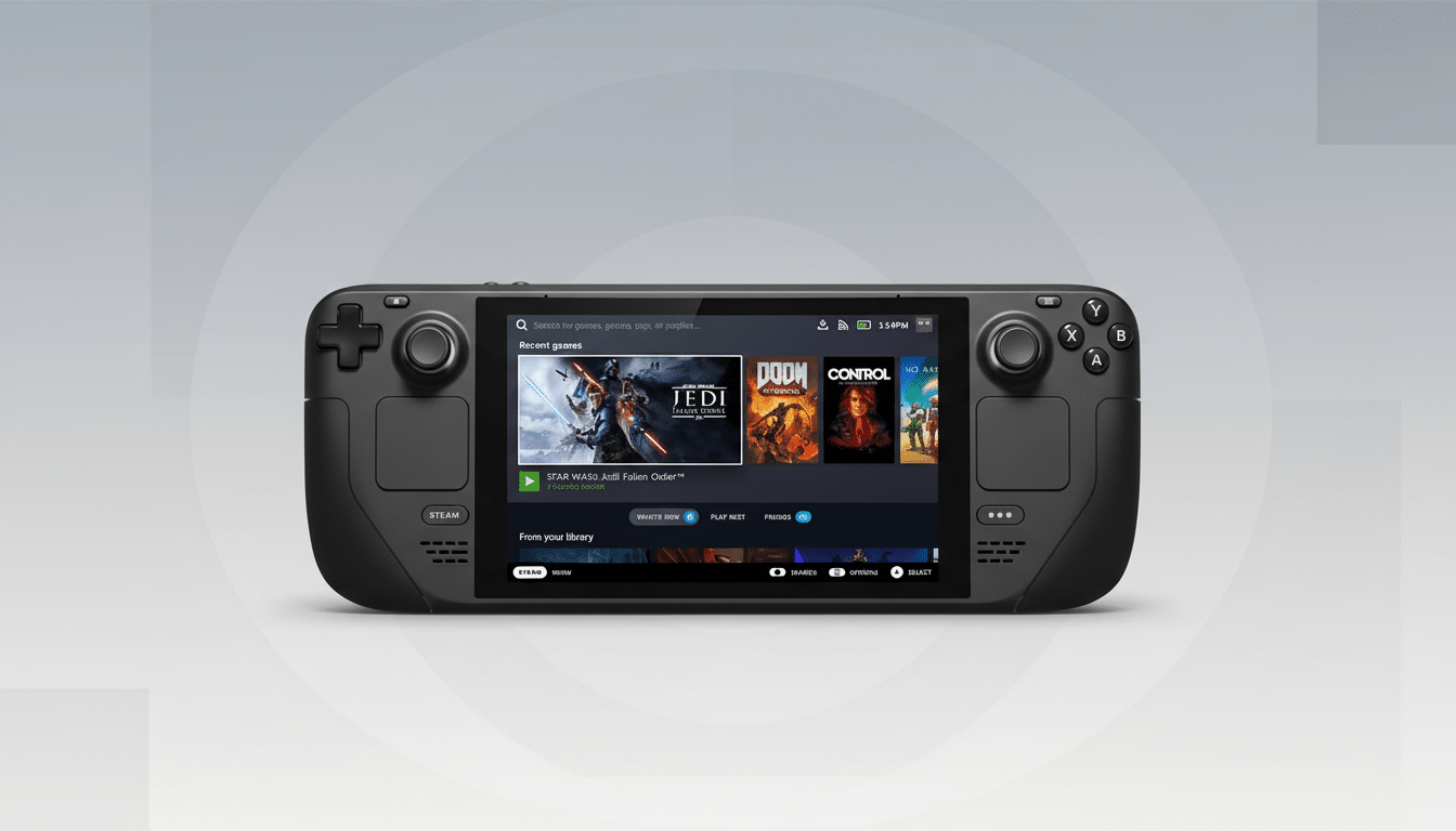 A Steam Deck handheld gaming console displayed on a professional flat design background with soft gray gradients.