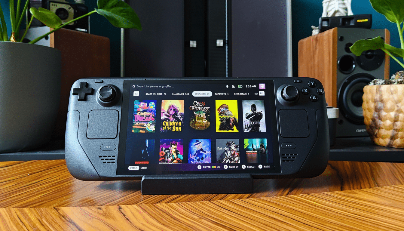 A Steam Deck handheld gaming console displaying its game library, sitting on a wooden surface with speakers and plants in the background.