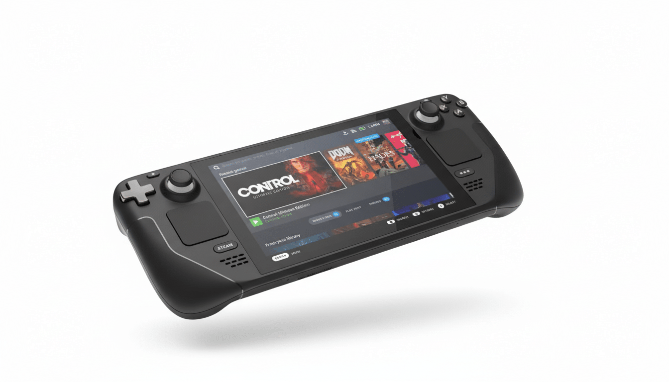 A black Steam Deck handheld gaming console is shown at an angle, displaying a game library with titles like Control, Doom Eternal, and Hades on its screen. The device is set against a clean white background.