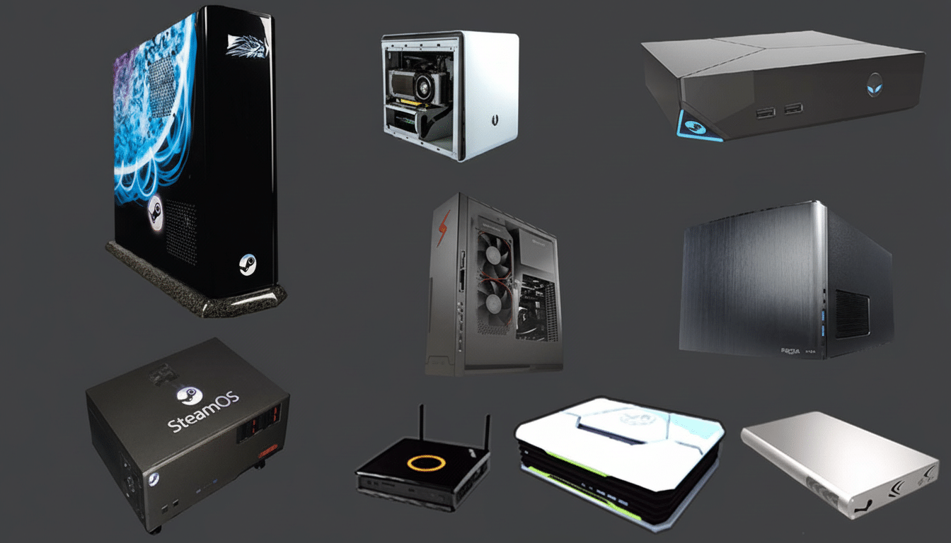 A collage of nine different computer cases and small form factor PCs, including gaming desktops, mini PCs, and a Steam Machine, presented against a dark grey background.