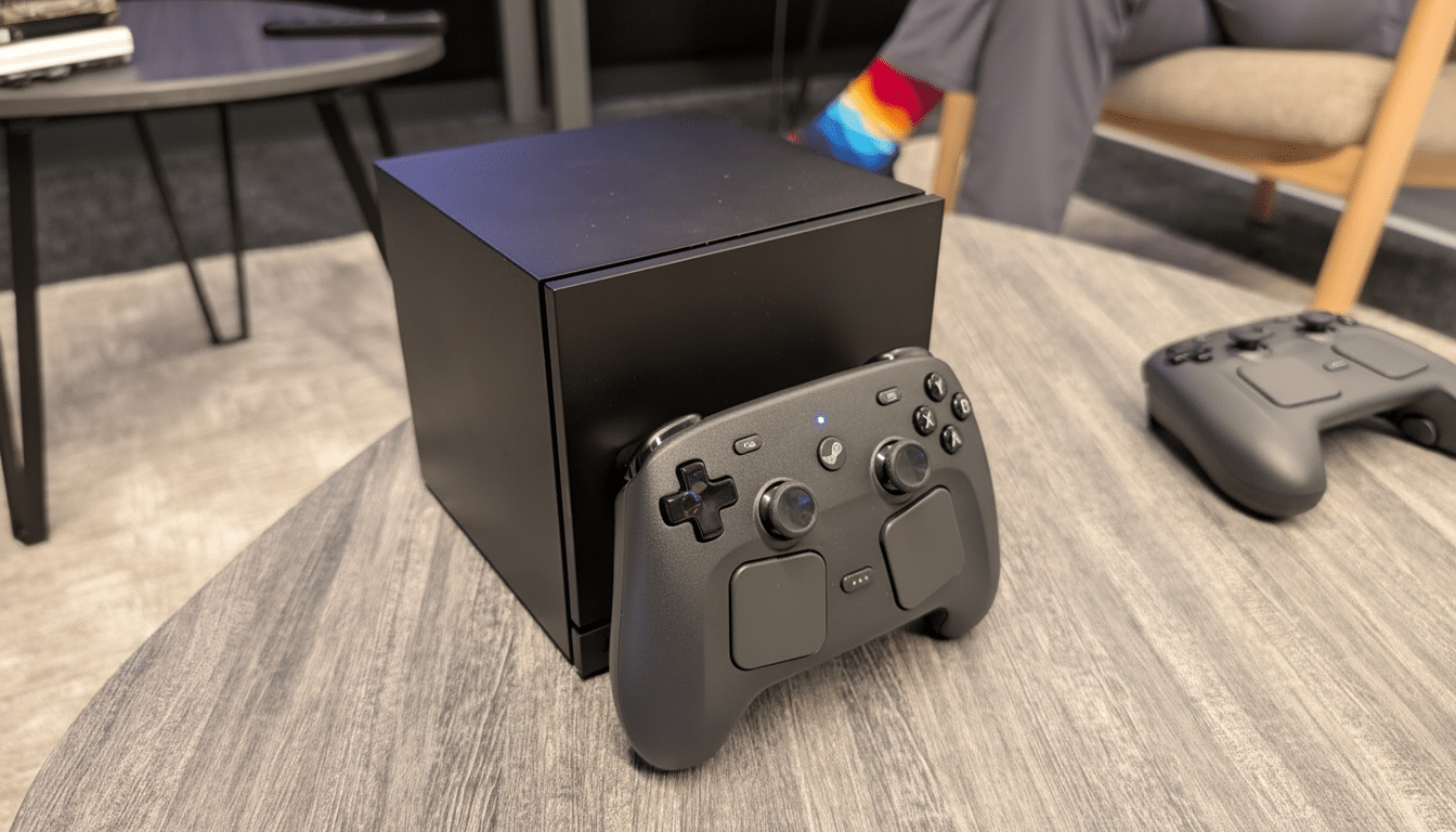 A black gaming console and a dark gray controller on a wooden table.