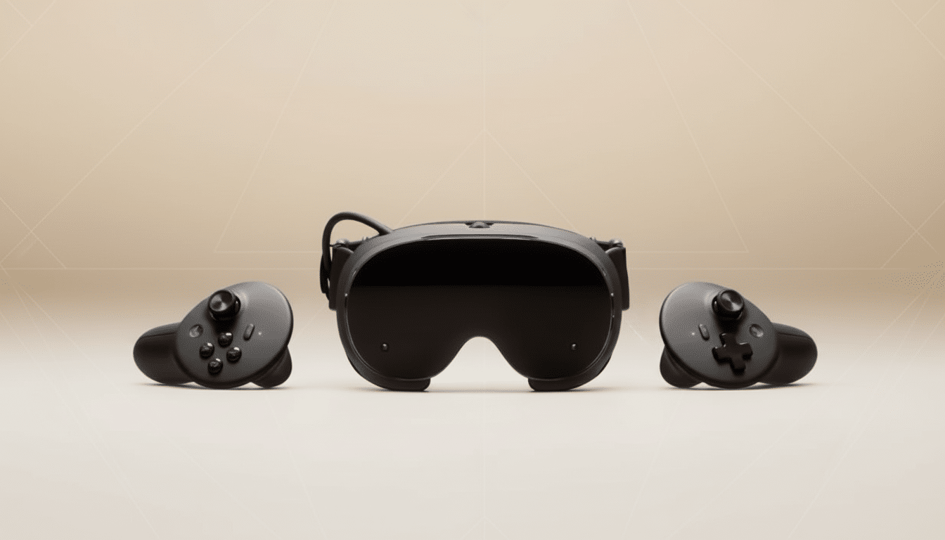 A black virtual reality headset with two black controllers on a light beige background with subtle geometric patterns.