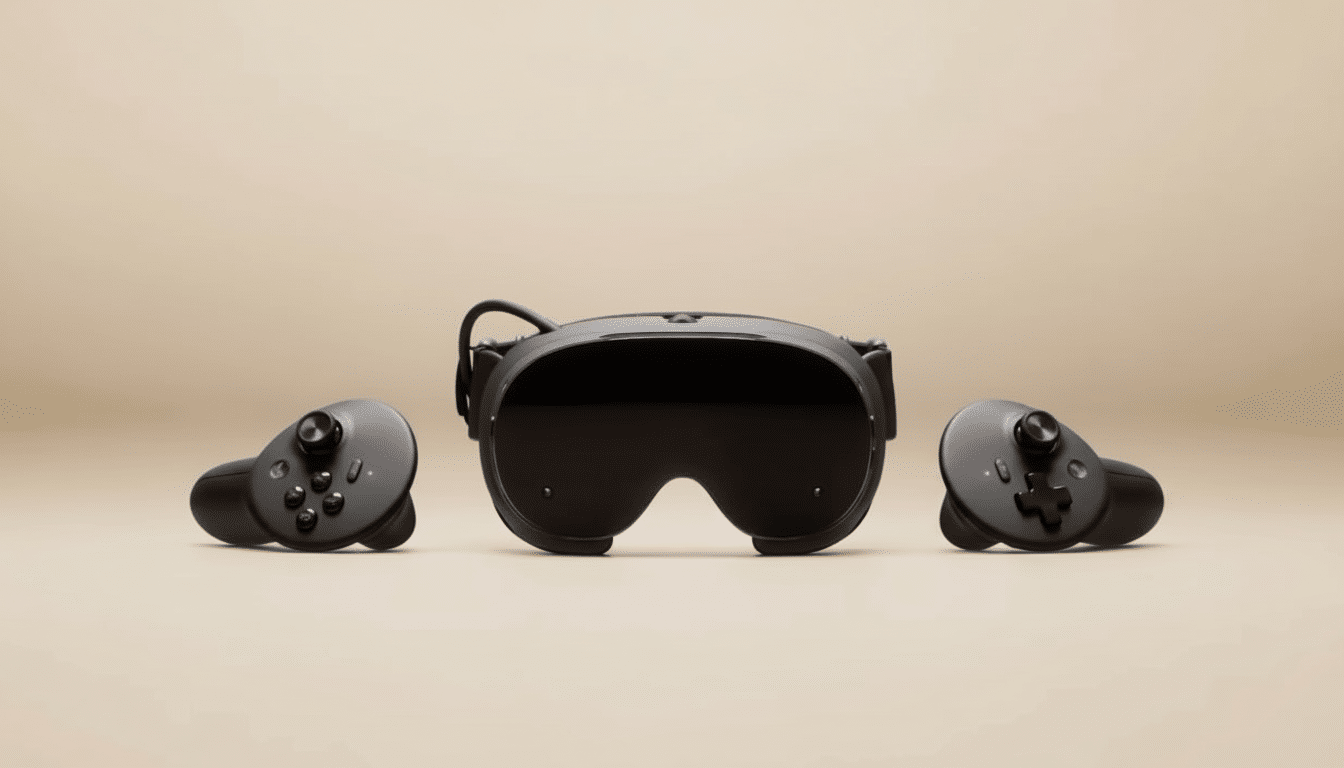 A black virtual reality headset with two controllers on a light brown background.