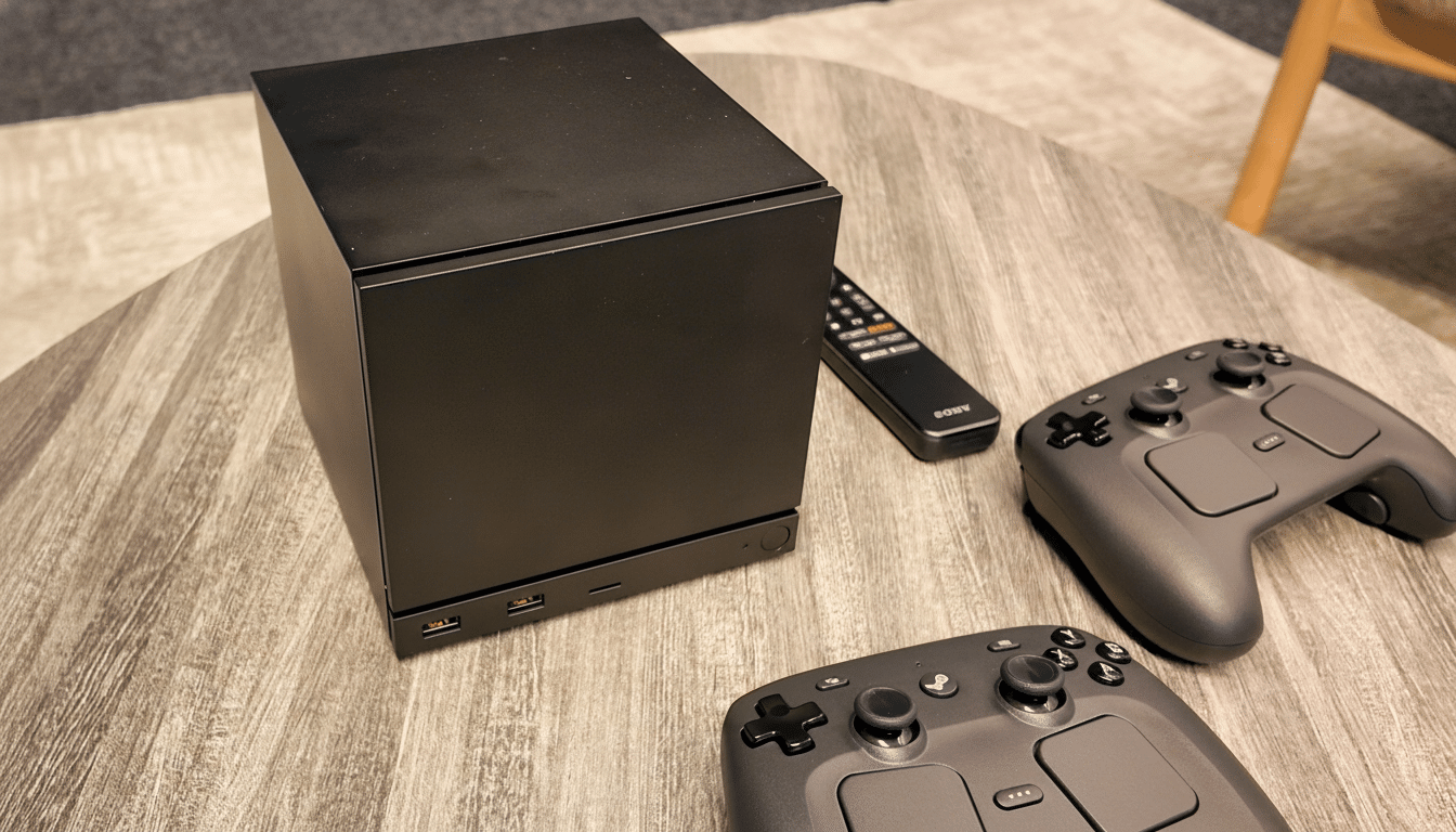 A black rectangular device, possibly a mini PC or console, sits on a wooden table next to two dark gray game controllers and a black remote control.