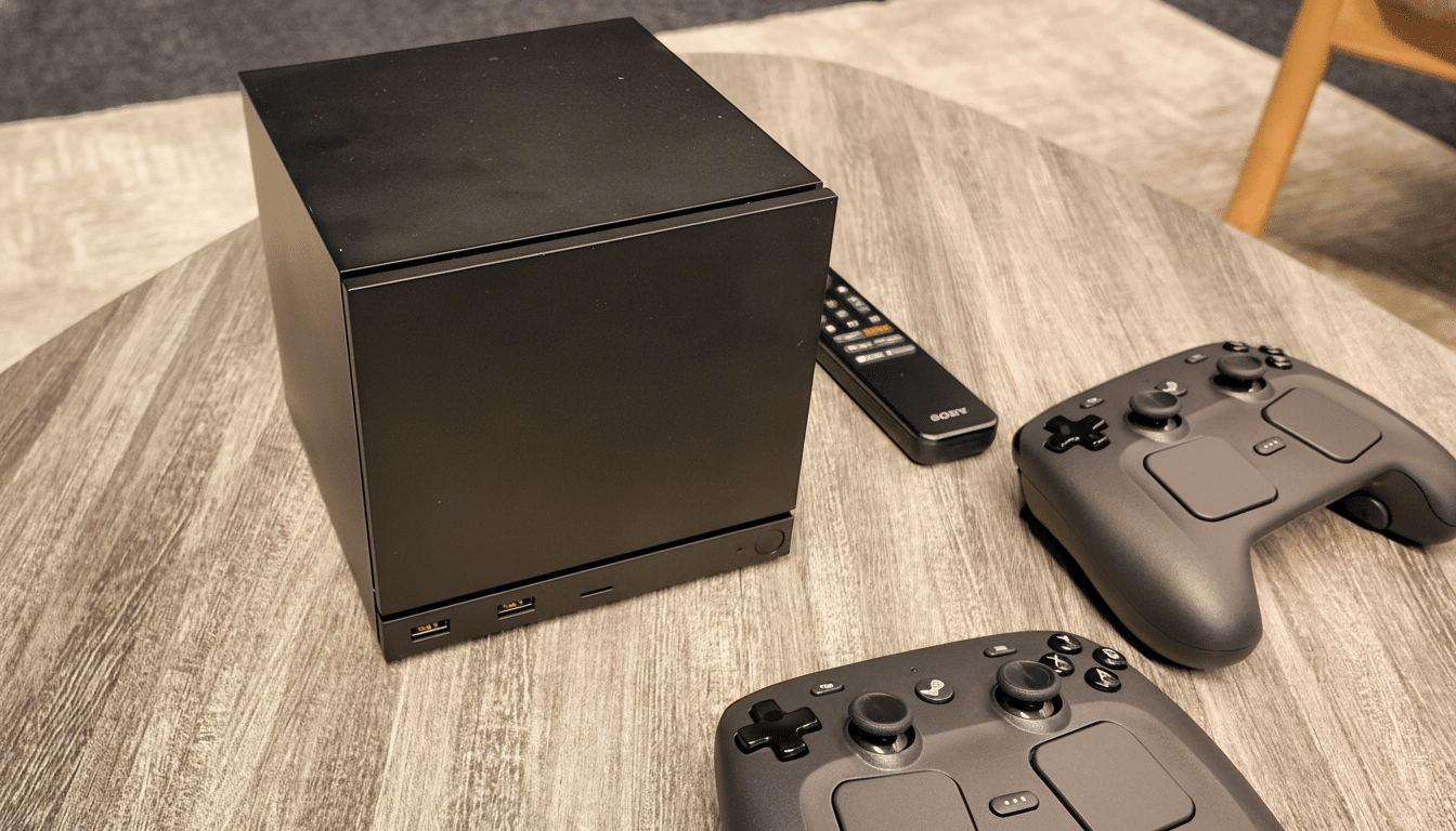 A black rectangular device, possibly a mini PC or console, sits on a wooden table next to two dark gray game controllers and a black remote control.