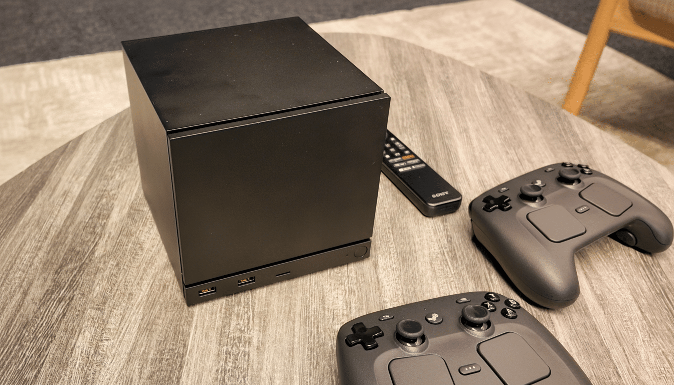 A black rectangular device, possibly a mini PC or console, sits on a wooden table next to two dark gray game controllers and a black remote control.