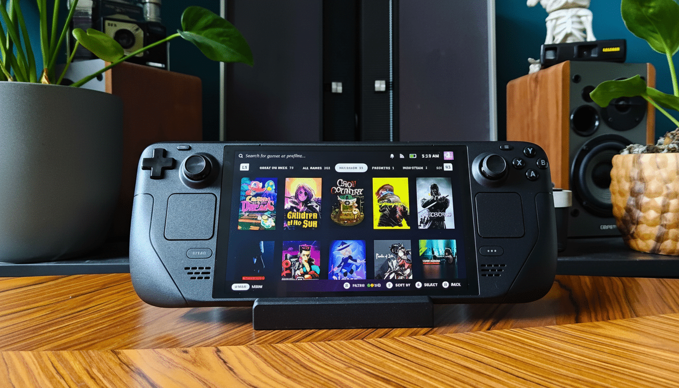 A Steam Deck handheld gaming console displaying a library of games, set on a wooden surface with plants and speakers in the background.