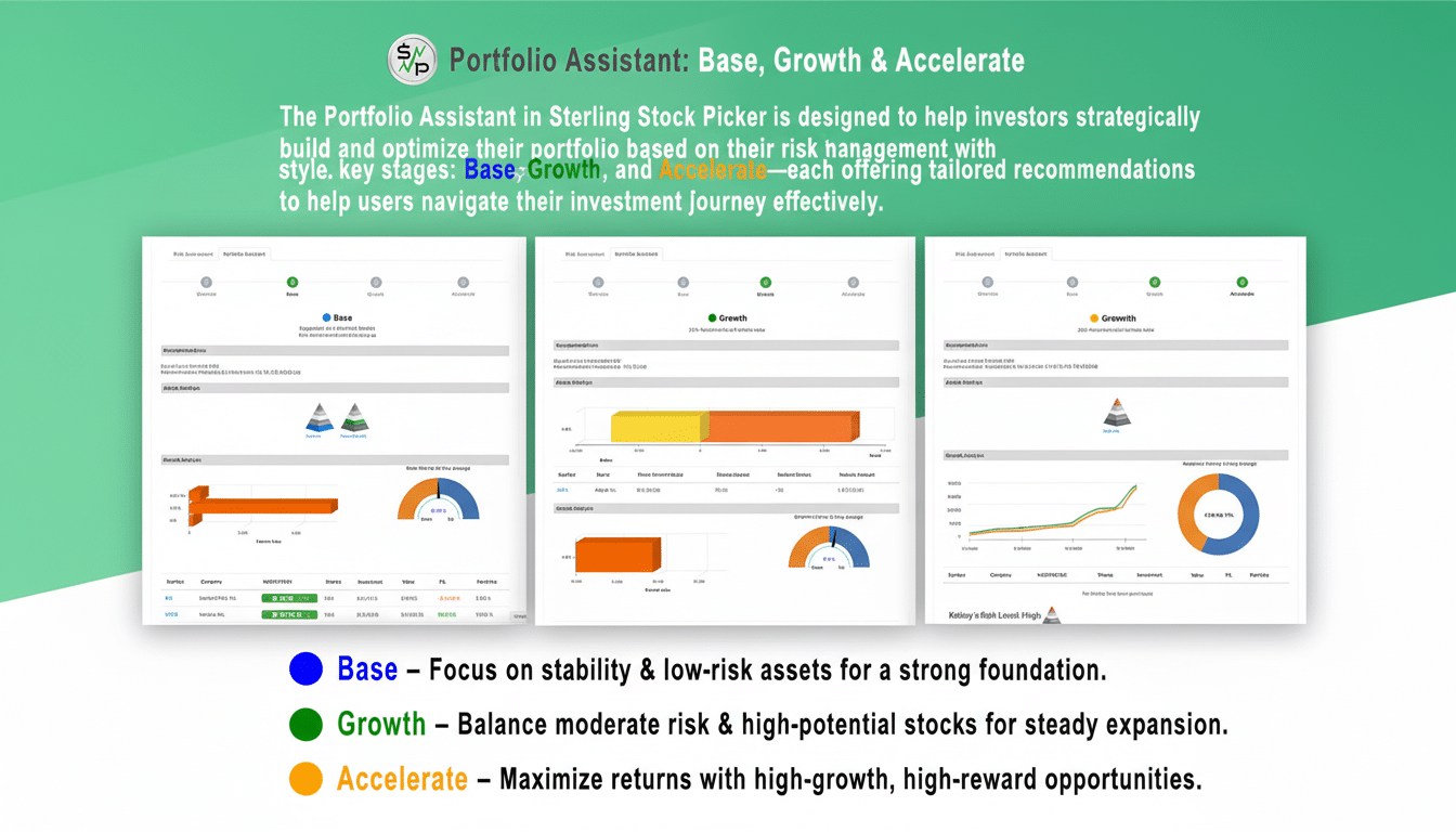 A professional presentation slide titled Portfolio Assistant: Base, Growth & Accelerate with a 16:9 aspect ratio. The slide features three distinct sections, each displaying a different portfolio strategy: Base, Growth, and Accelerate. Each section includes charts, graphs, and data tables illustrating investment performance and recommendations. The overall design is clean and professional, with a green and white color scheme.