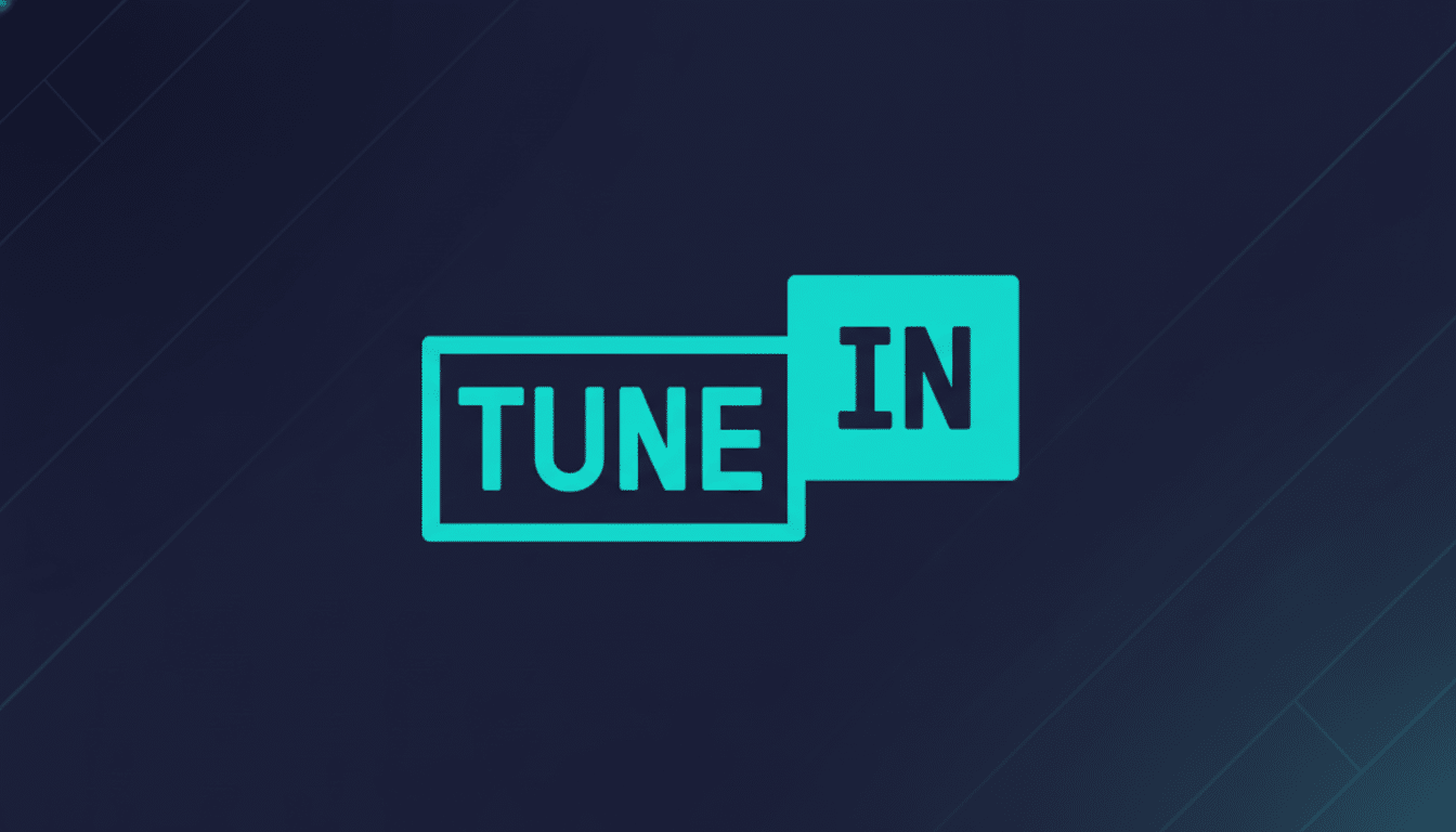 The TuneIn logo, featuring the word TUNE in a teal outline box and IN in a solid teal box, centered on a dark blue background with subtle diagonal lines and a soft gradient.