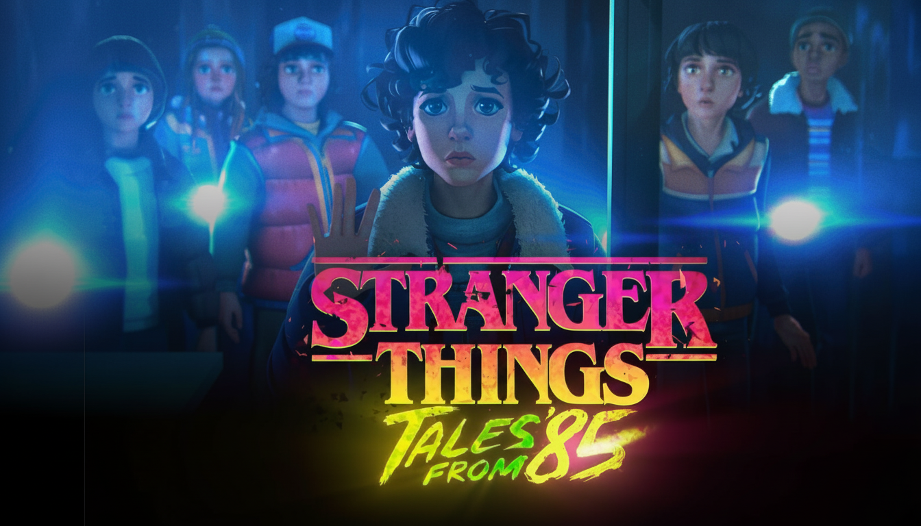 The Stranger Things: Tales from 85 logo is prominently displayed in the foreground, with several characters from the series visible in the background, holding flashlights in a dark, atmospheric setting.