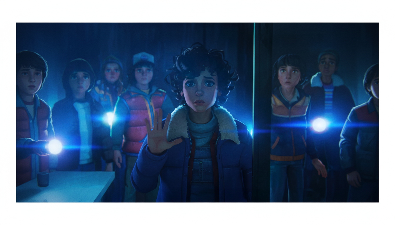 A group of young people, some holding flashlights, looking concerned in a dark setting.