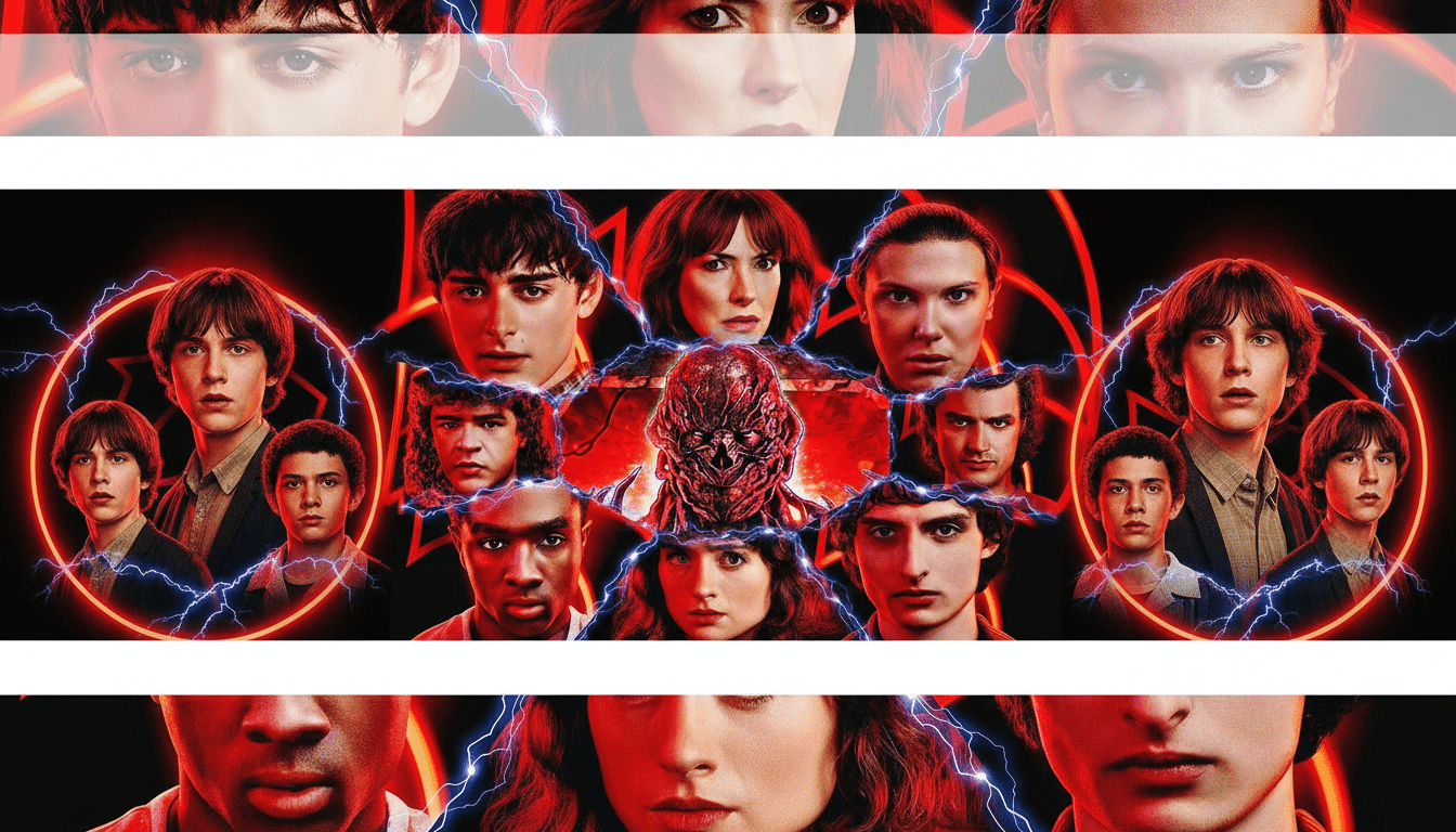 A 16:9 aspect ratio image featuring characters from Stranger Things, with Vecna in the center surrounded by the main cast, all encircled by electric blue lightning effects against a dark background with red glowing outlines.