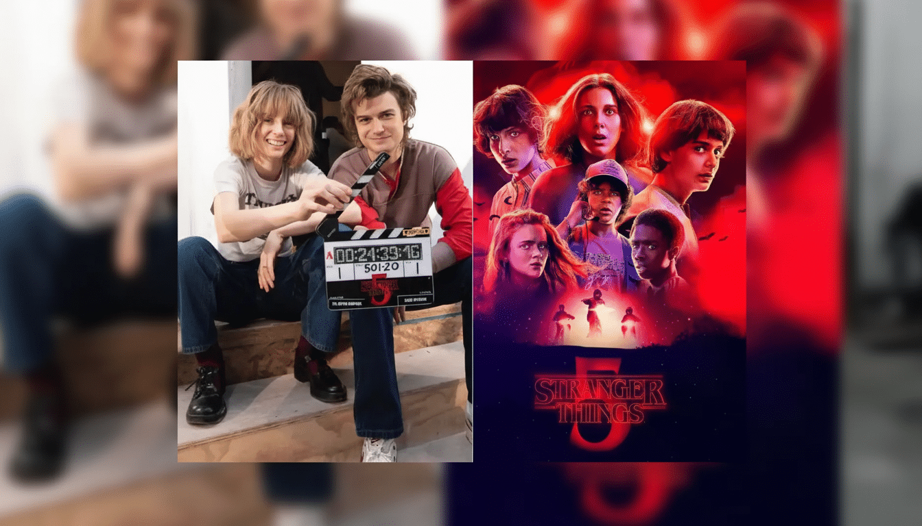 A split image with the left side showing two actors, Maya Hawke and Joe Keery, holding a clapperboard, and the right side featuring the promotional poster for Stranger Things 5 with the main cast.