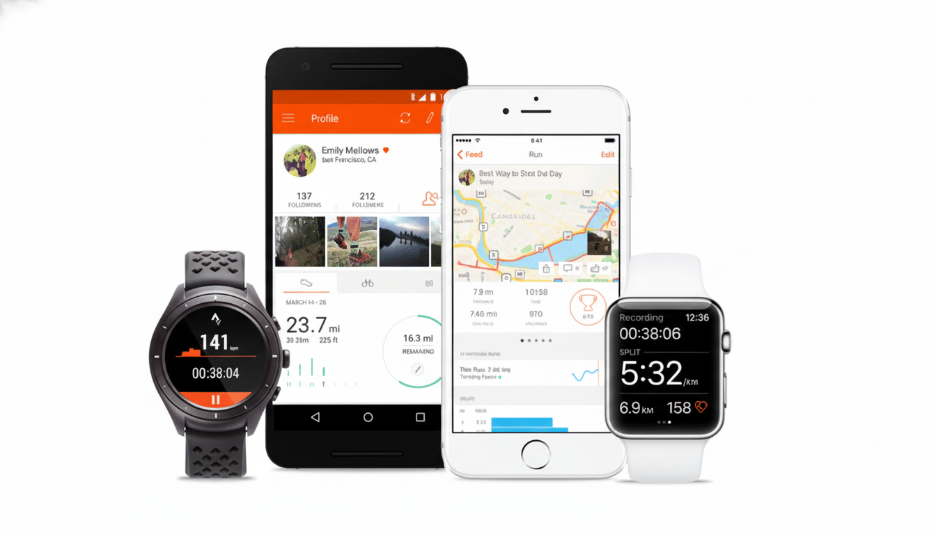 A black smartwatch, a black smartphone displaying a profile screen, a white smartphone displaying a running app, and a white Apple Watch displaying a workout summary, all arranged on a white background.