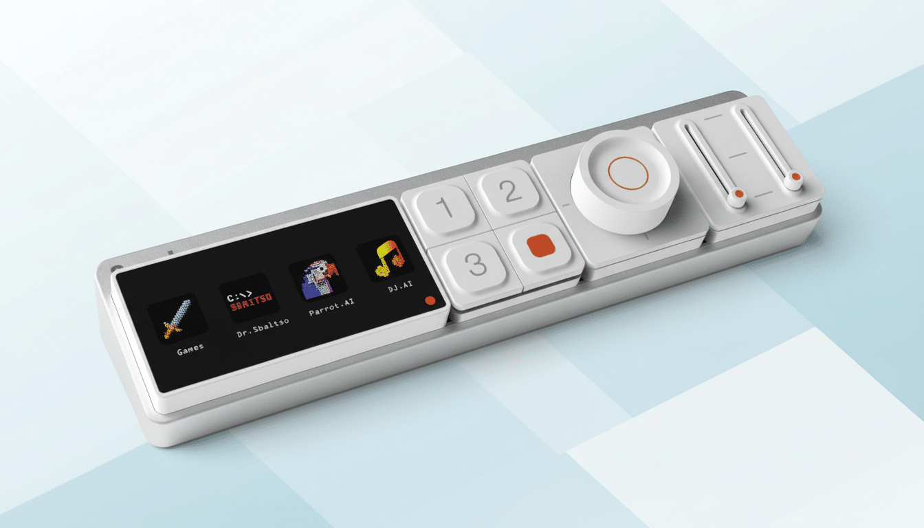 A sleek, modern remote control with a screen displaying app icons, a circular dial, numbered buttons, and slider controls, presented on a light blue and white gradient background.