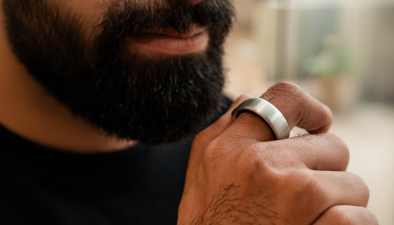 A close-up, 16:9 aspect ratio image of a person with a beard wearing a silver ring on their finger, with the original background maintained.