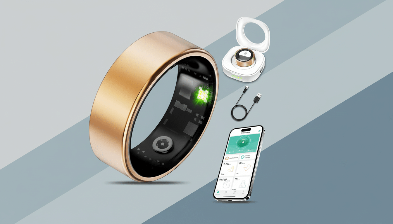 A smart ring, its charging case, a charging cable, and a smartphone displaying the rings app interface, all arranged on a professional flat design background with soft gradients.