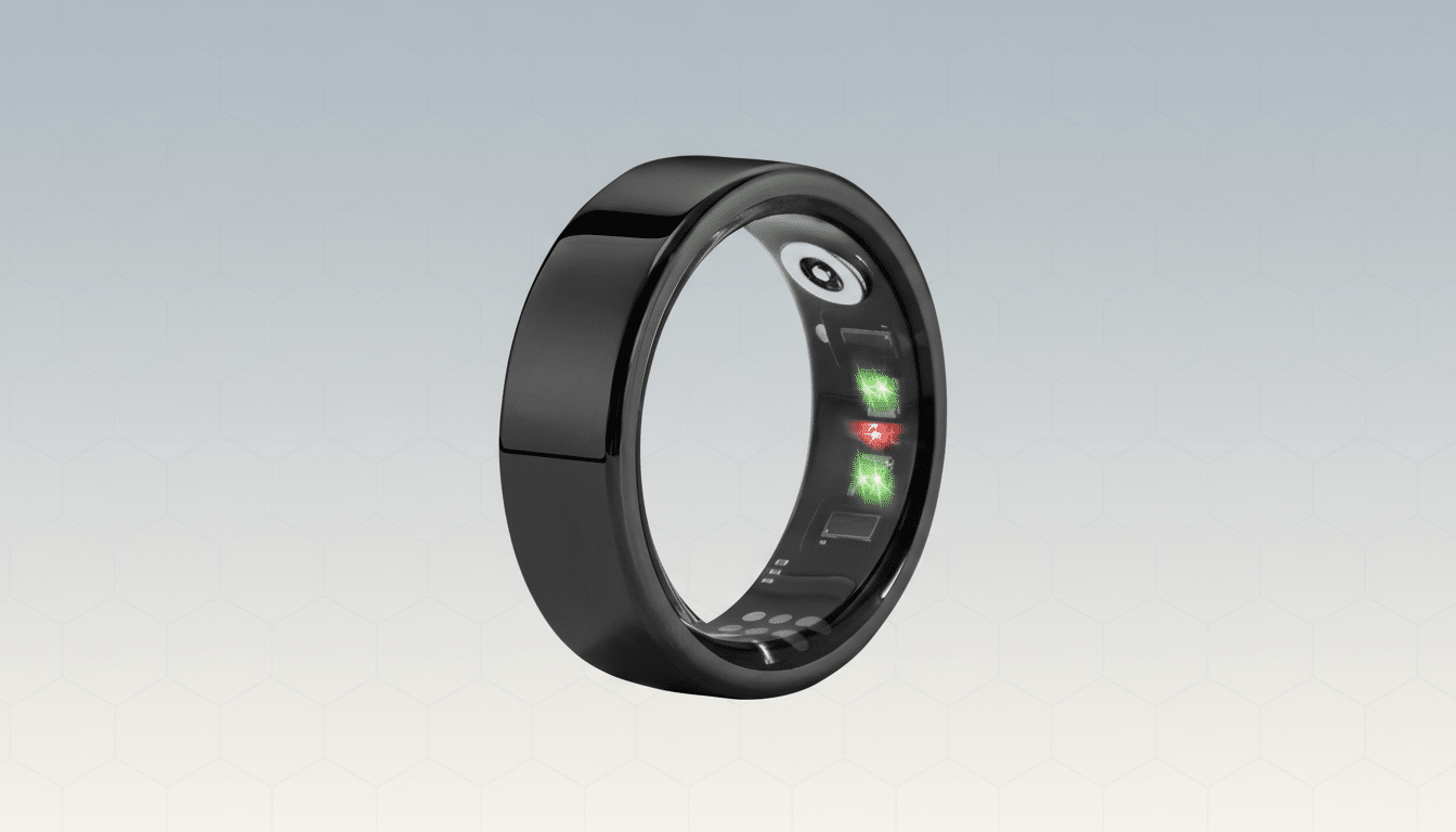A sleek, black smart ring with internal sensors glowing green and red, presented on a professional flat design background with a subtle hexagonal pattern and a soft gradient.