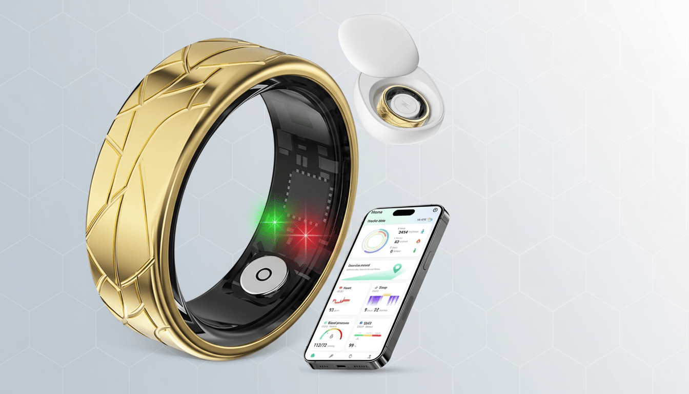 A gold smart ring with a black interior, displaying red and green lights, is shown alongside its white charging case and a smartphone displaying health data. The background is a professional flat design with soft geometric patterns.