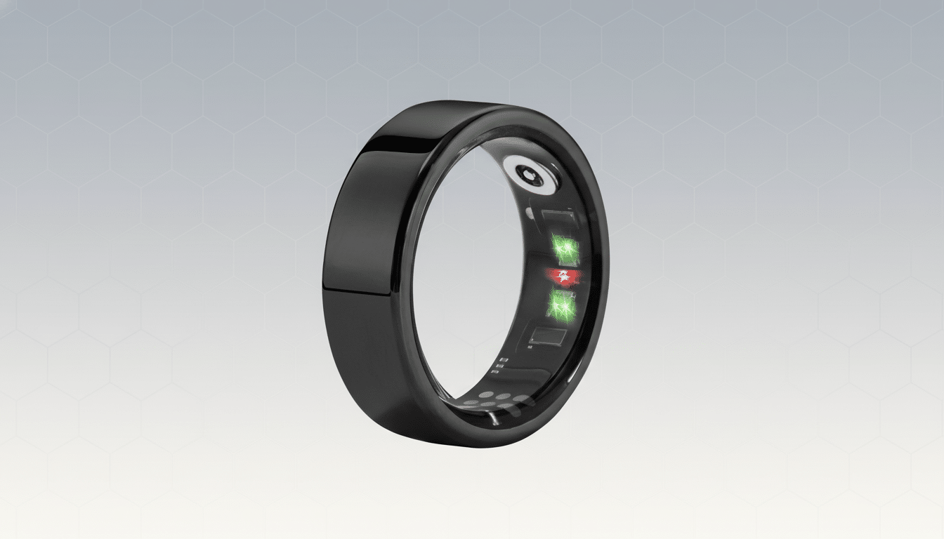 A black smart ring with internal green and red lights, presented on a professional light gray background with subtle hexagonal patterns.