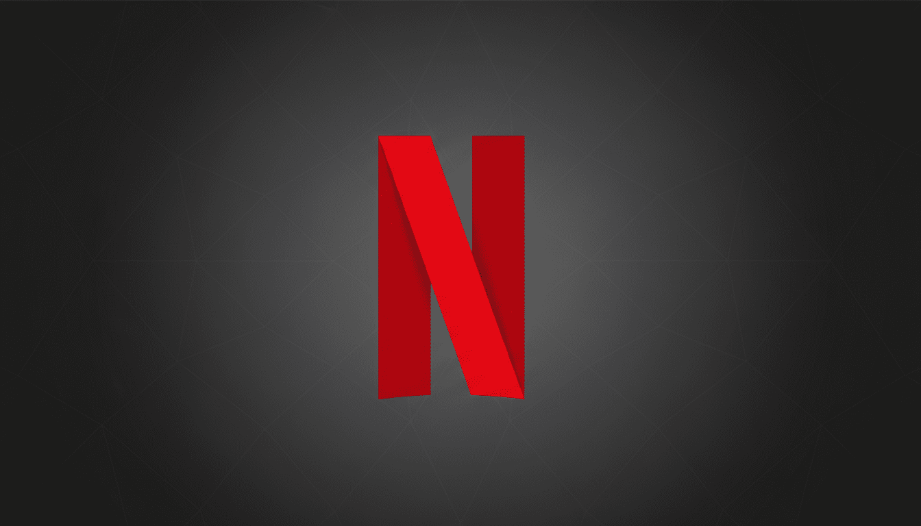 The Netflix N logo in red, centered on a dark gray background with a subtle geometric pattern.