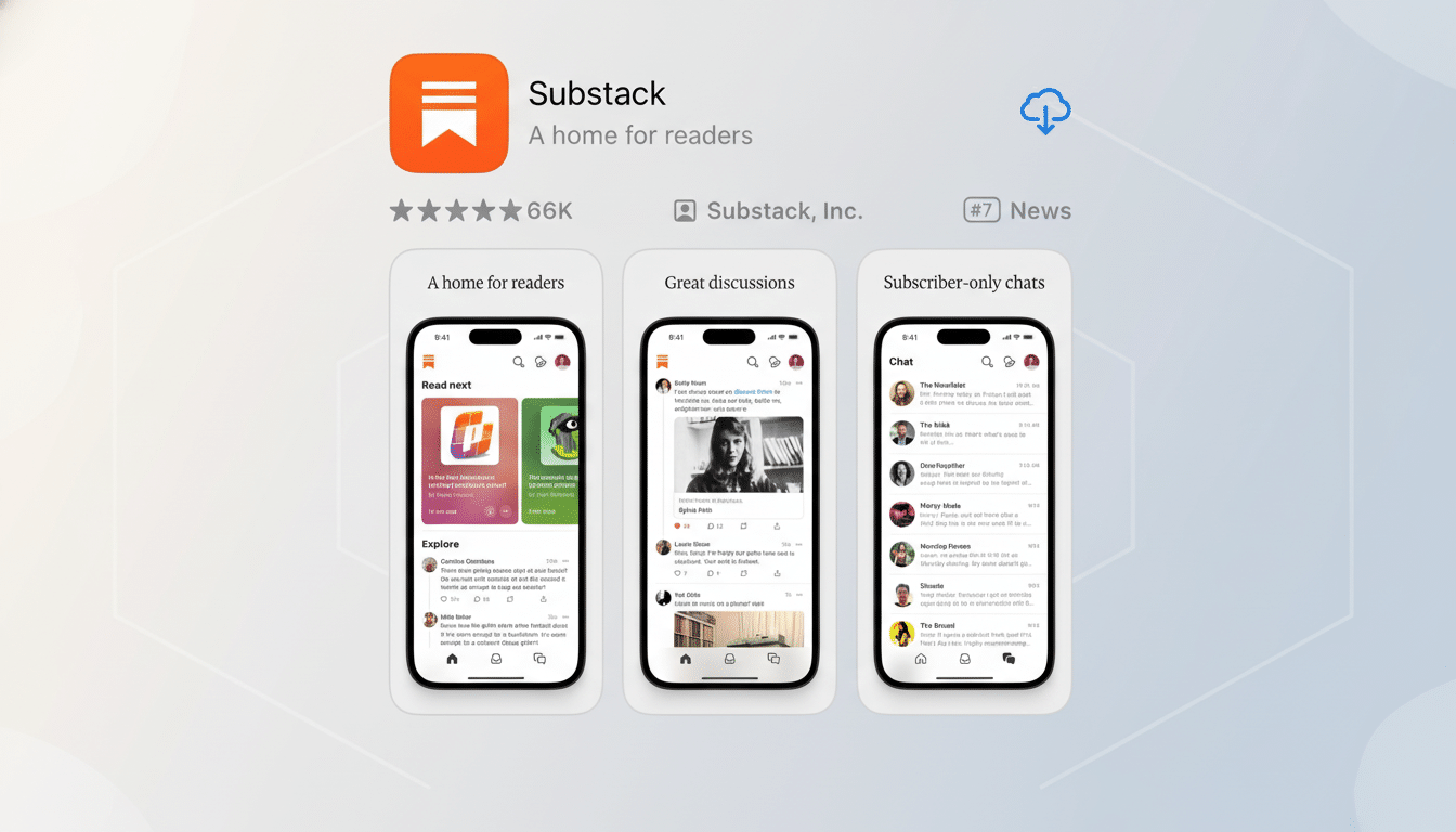 A professional, enhanced image of the Substack apps landing page, showcasing its logo, tagline, ratings, and three phone screens displaying Read next, Great discussions, and Subscriber-only chats features. The background is a clean, professional flat design with soft gradients.