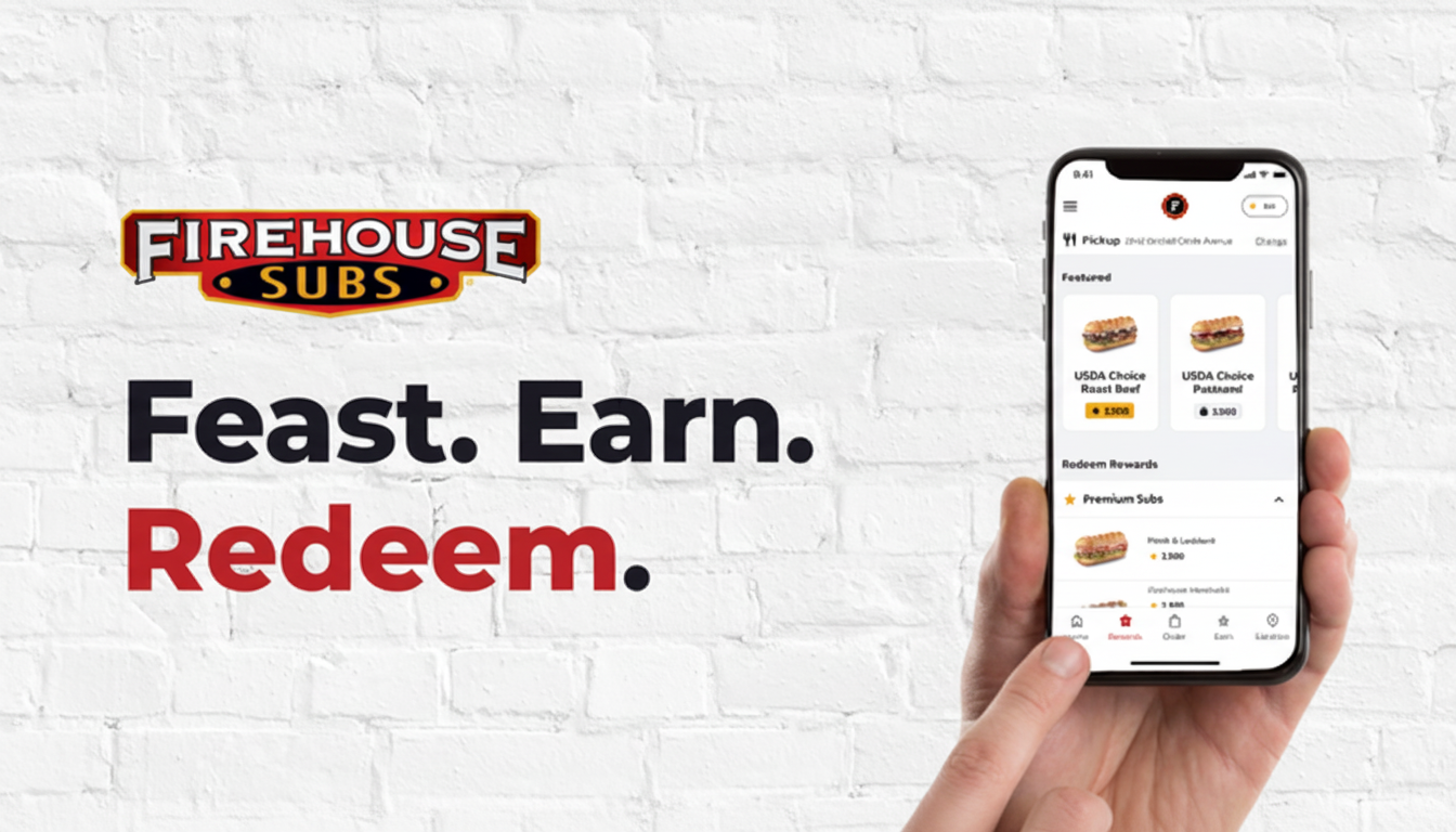 A hand holding a smartphone displaying the Firehouse Subs app, with the Firehouse Subs logo and the text Feast. Earn. Redeem. on a white brick background, resized to a 16:9 aspect ratio.