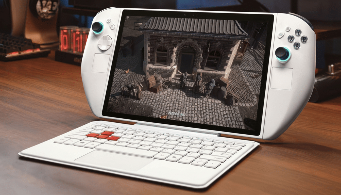 A white handheld gaming PC with a detachable keyboard, displaying a video game on its screen, sits on a wooden desk.