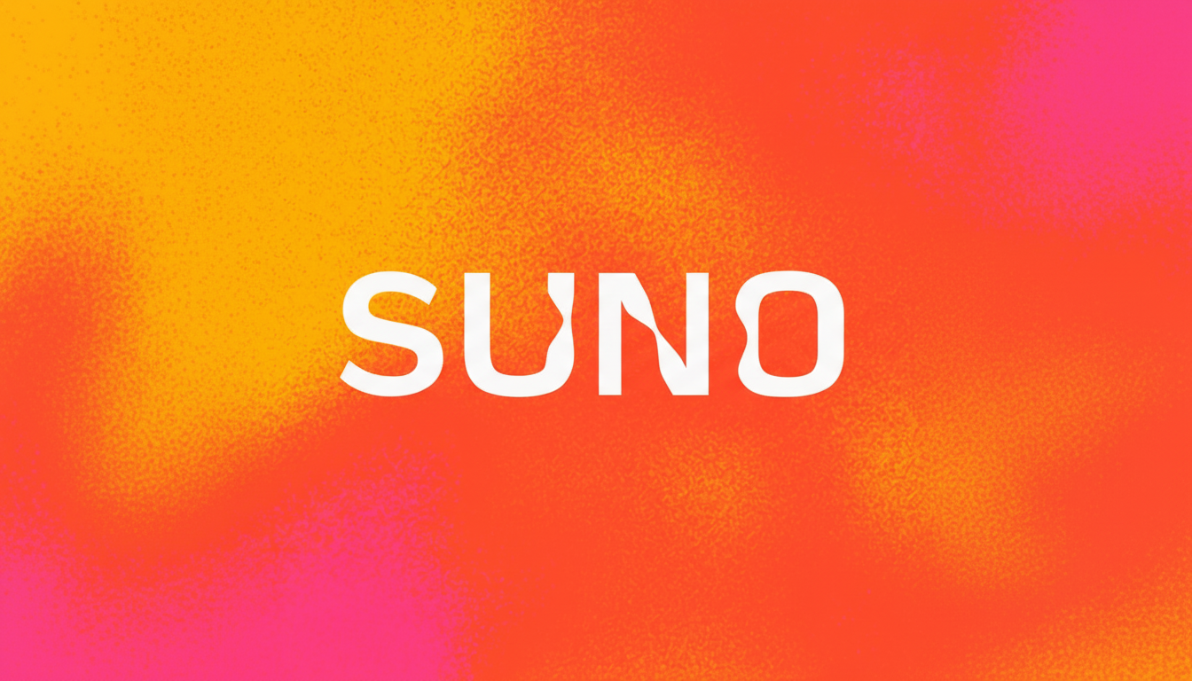 The word SUNO in white, stylized letters against a vibrant, grainy background that transitions from yellow to orange to pink.