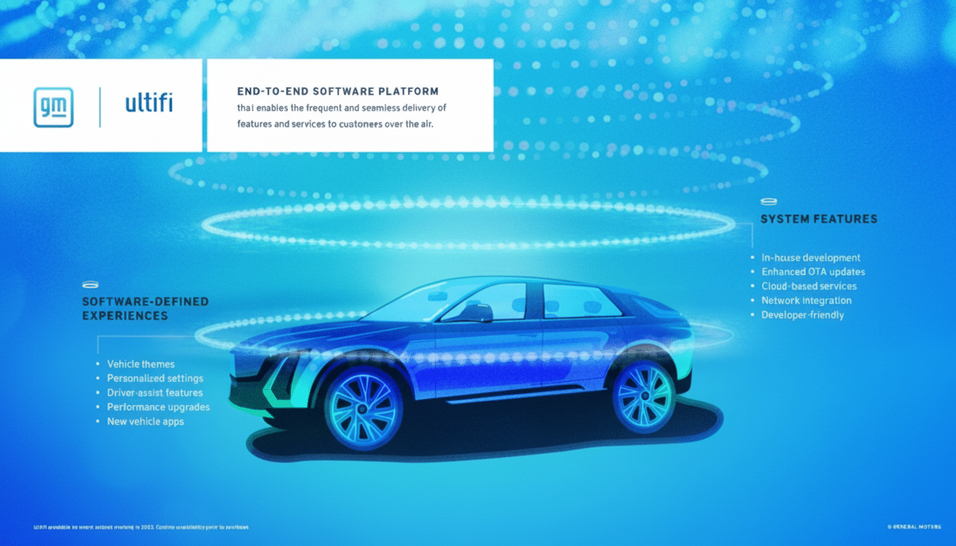 A 16:9 aspect ratio image showcasing the Ultifi end-to-end software platform by GM, with a blue car illustration at the center surrounded by glowing rings. Text on the left lists Software-Defined Experiences and on the right System Features.