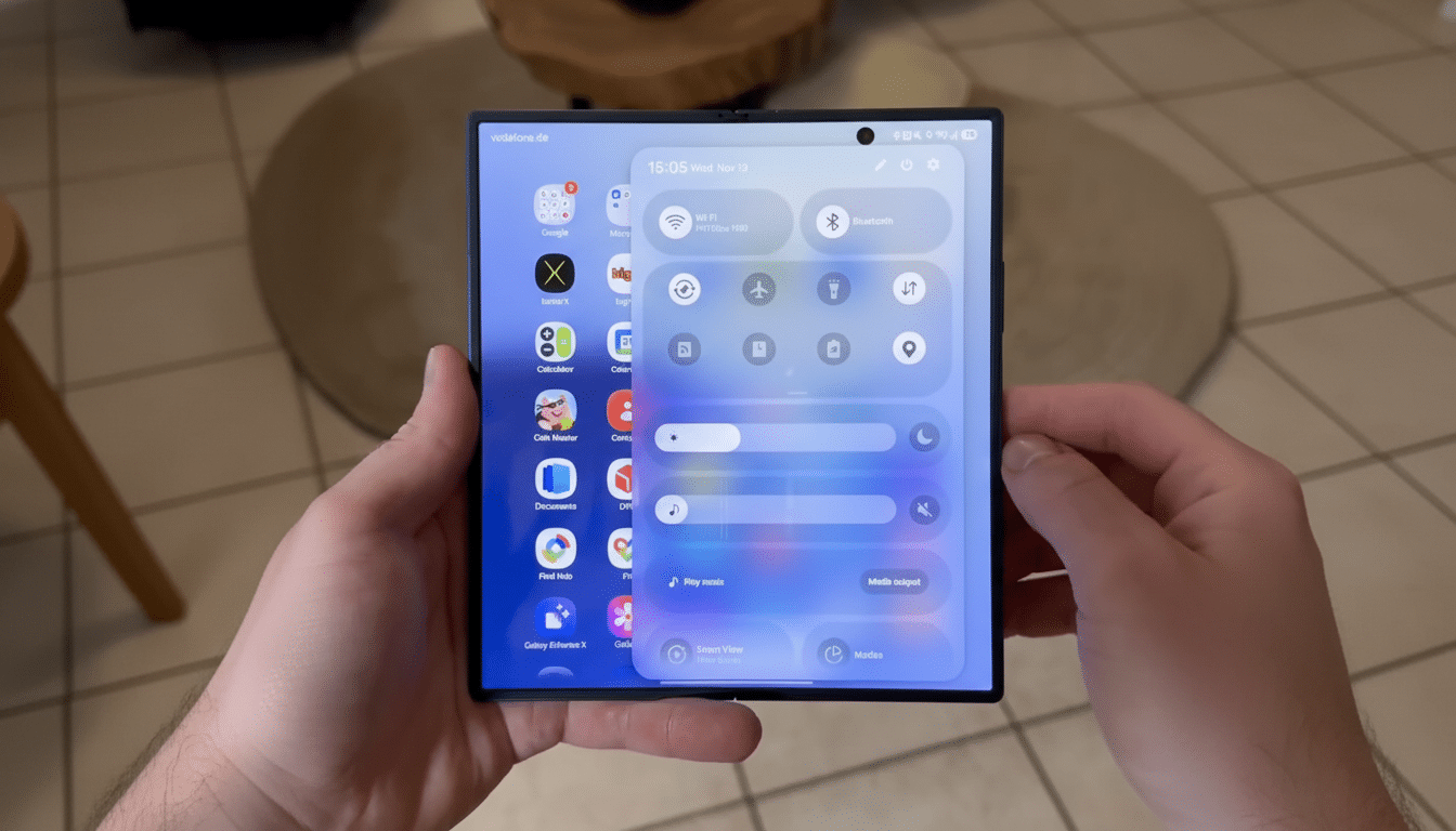 A person holding a foldable smartphone displaying a control panel overlay on the screen.