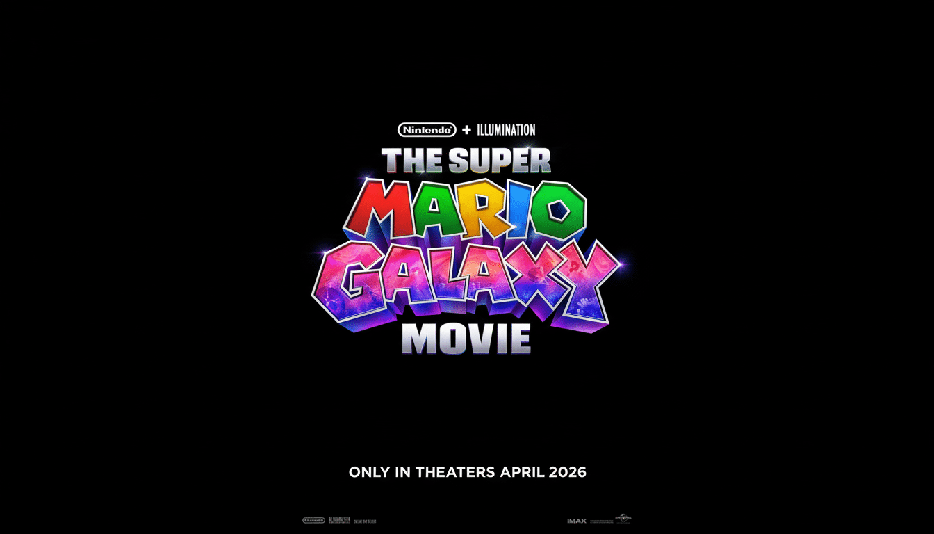The Super Mario Galaxy Movie logo on a black background, resized to a 16:9 aspect ratio.