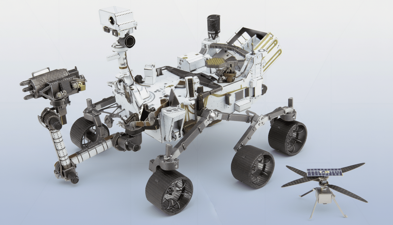 A detailed model of the Perseverance rover and Ingenuity helicopter on a light blue gradient background.