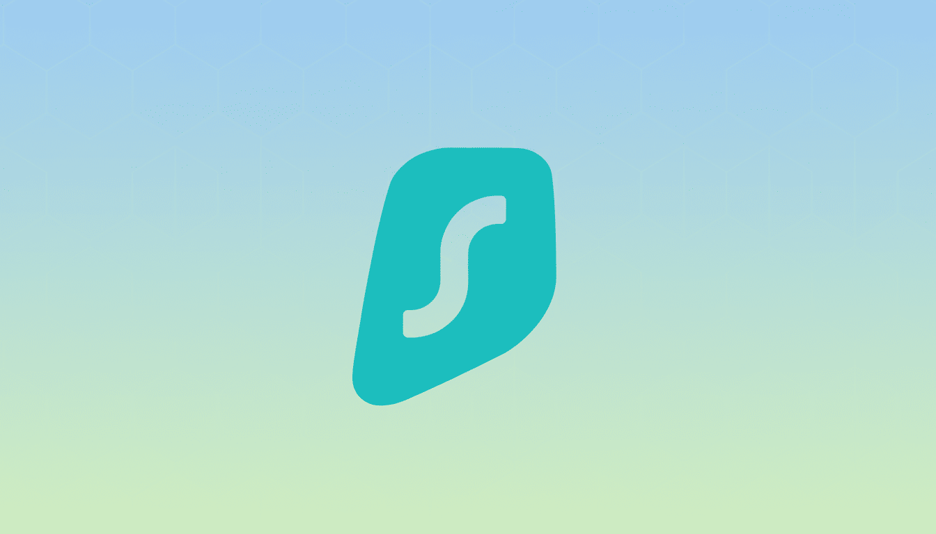 A 16:9 aspect ratio image featuring the Surfshark logo, a white stylized S inside a teal rounded irregular shape, centered on a professional flat design background with a soft blue and green gradient and subtle hexagonal patterns.