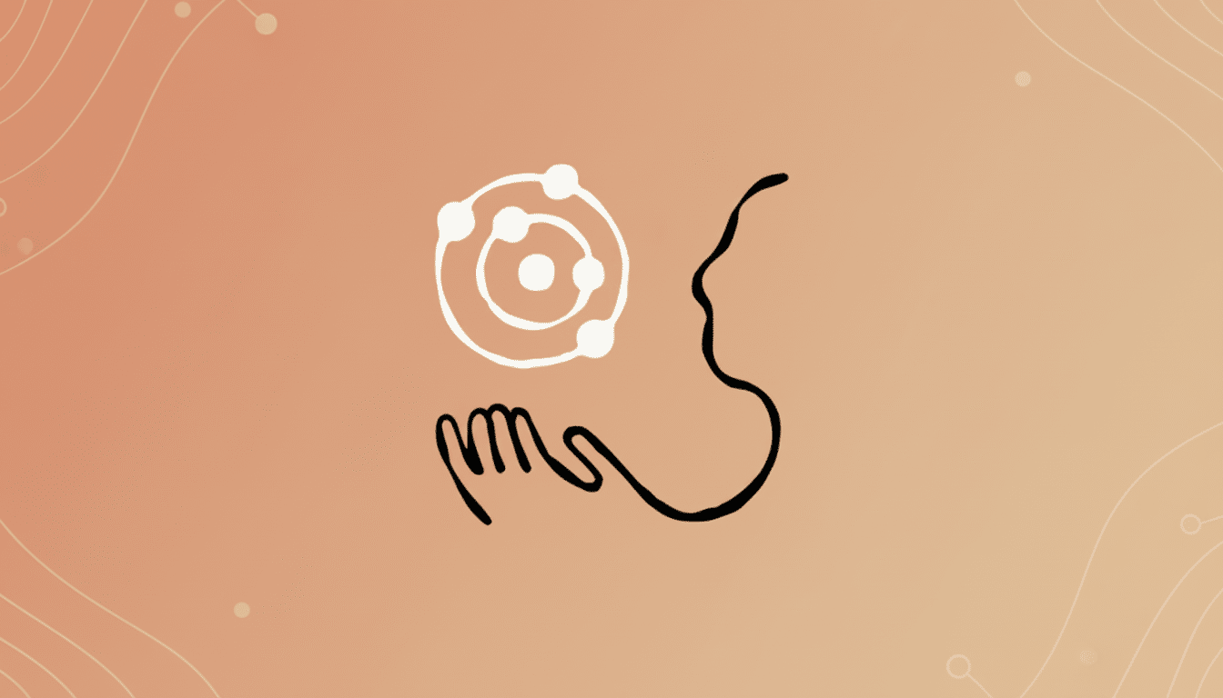 A 16:9 image featuring a white hand-drawn atom icon and a black hand and face outline on a professional flat design background with soft gradients and subtle patterns.