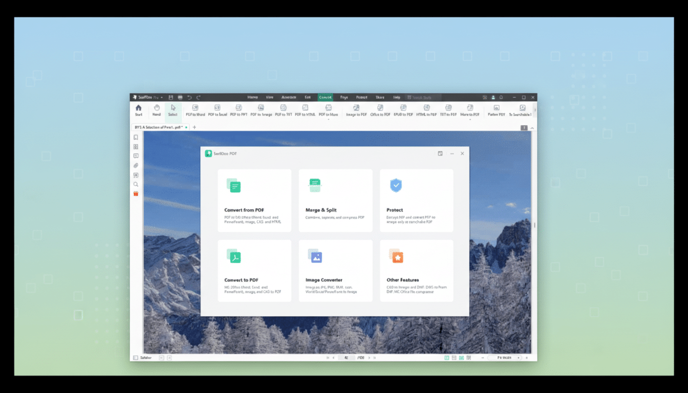 A screenshot of the SwiftDoo PDF application interface, resized to a 16:9 aspect ratio with a professional flat design background featuring soft patterns and gradients. The application window remains unchanged and is centered on the screen.