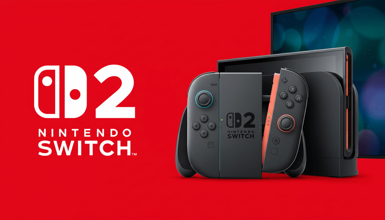 A Nintendo Switch console and its accessories are displayed on a vibrant red background, with the Nintendo Switch logo prominently featured.