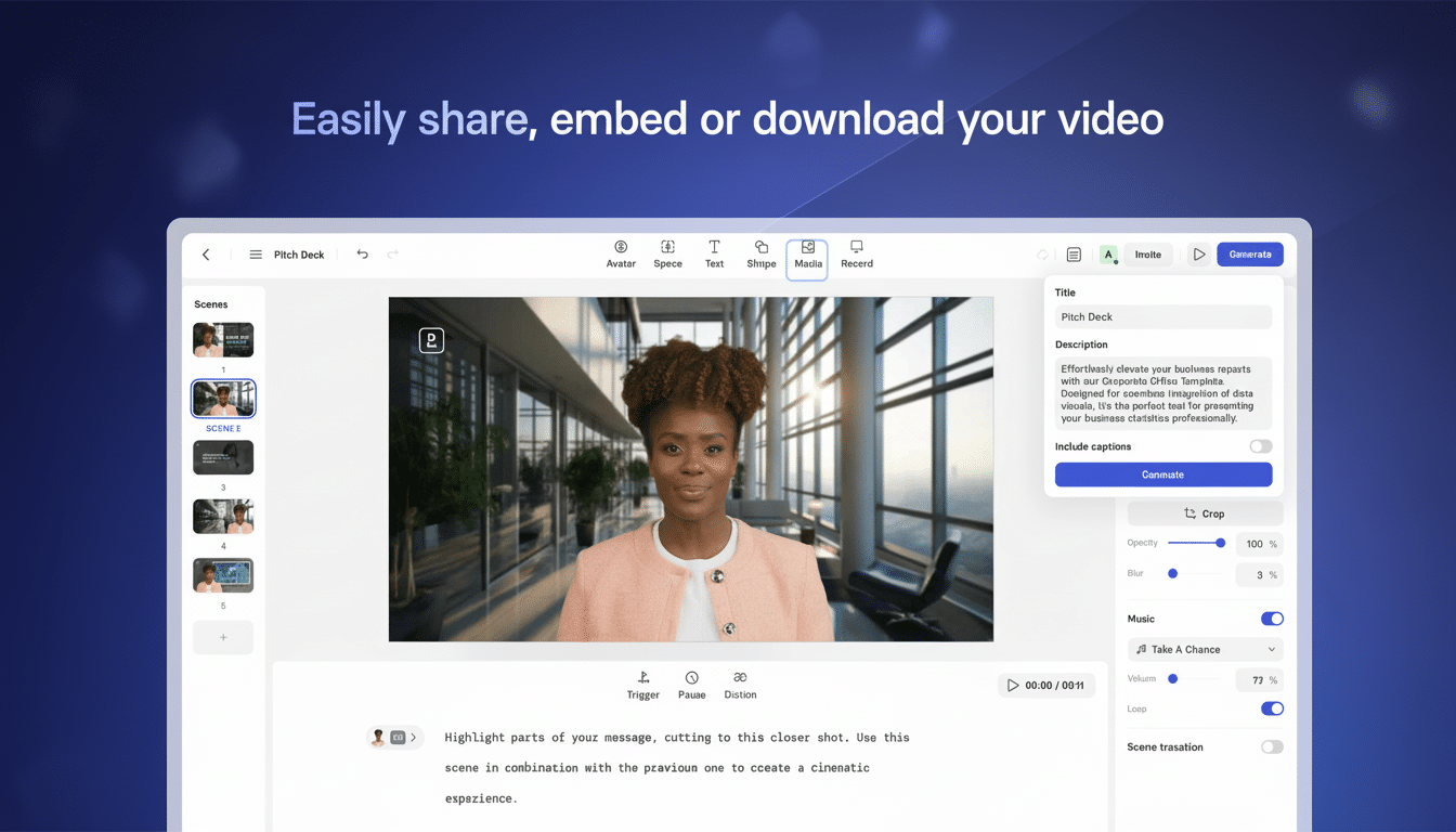 A screenshot of a video editing interface with a woman in a business suit on the main screen. The interface has options for scenes, media, text, and other editing tools.