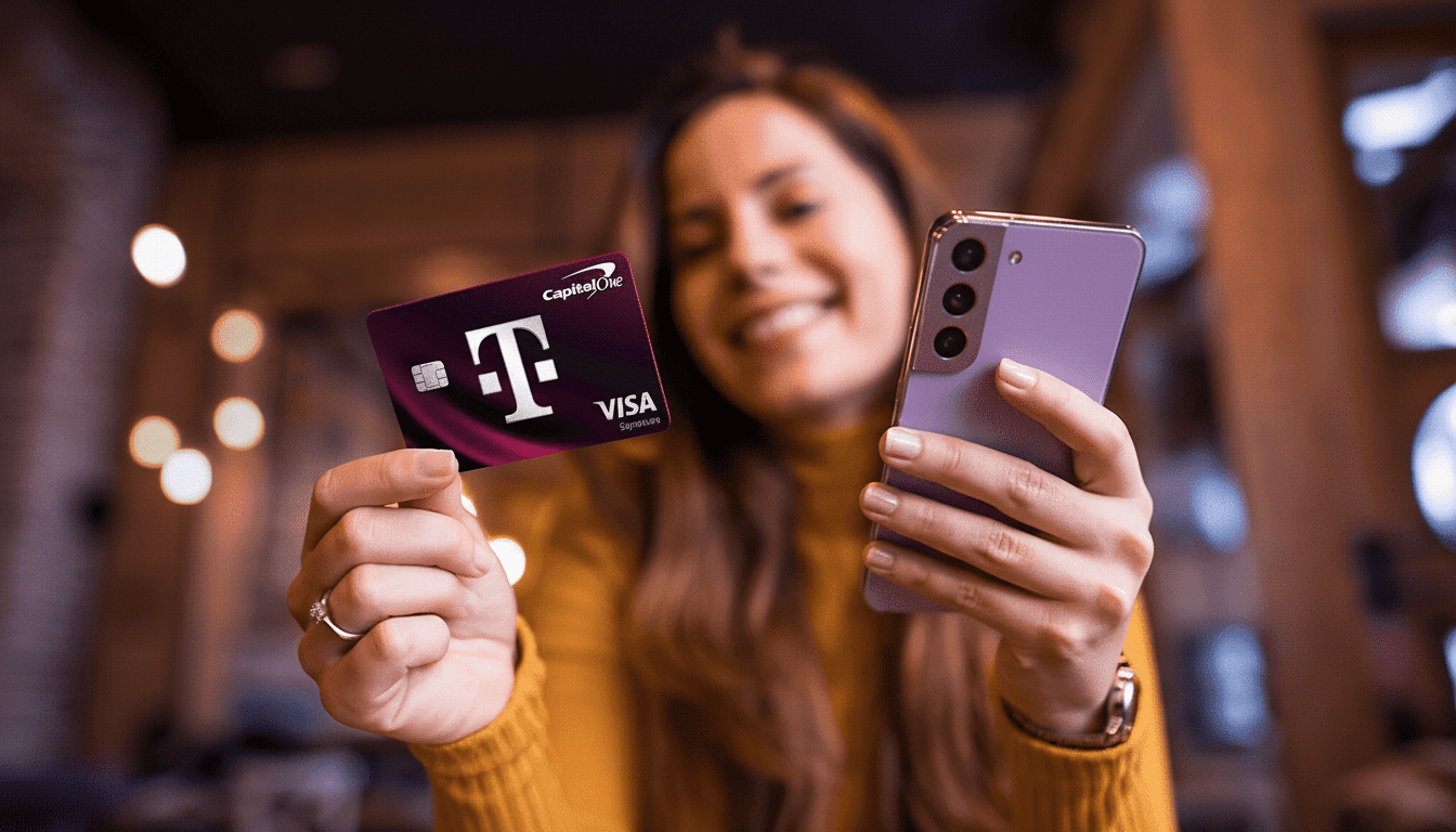 A smiling woman holding a purple Capital One T-Mobile Visa Signature card in one hand and a purple smartphone in the other, with a blurred background.