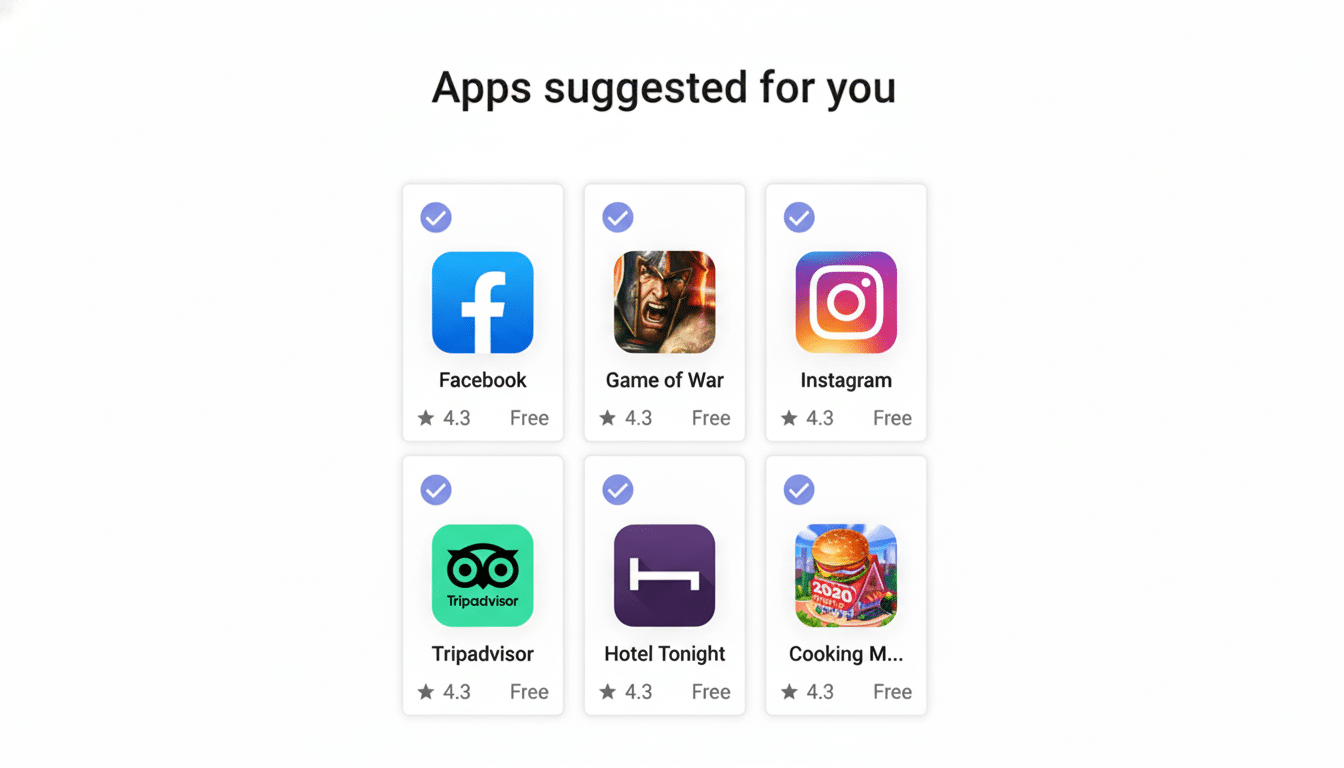 A professionally enhanced image of a mobile app store interface, displaying Apps suggested for you at the top. Below, six app icons are arranged in two rows of three. The apps include Facebook, Game of War, Instagram, Tripadvisor, Hotel Tonight, and Cooking M... Each app icon is accompanied by its name, a star rating of 4.3, and the label Free. A purple checkmark is visible in the top left corner of each app card. The background is a clean white, maintaining the original aesthetic while being resized to a 16:9 aspect ratio.