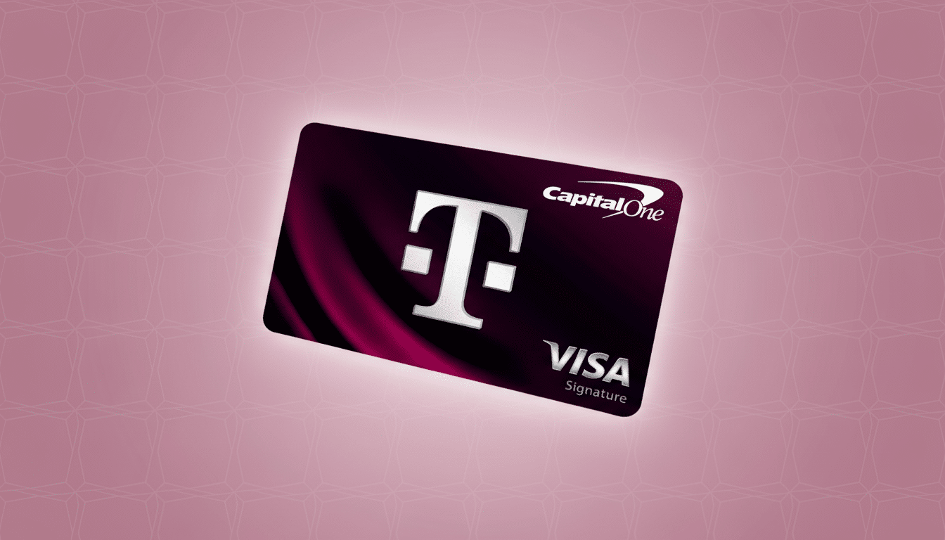 A Capital One T-Mobile Visa Signature credit card with a dark pink and black design, featuring the T-Mobile logo prominently, set against a professional flat pink background with subtle geometric patterns.