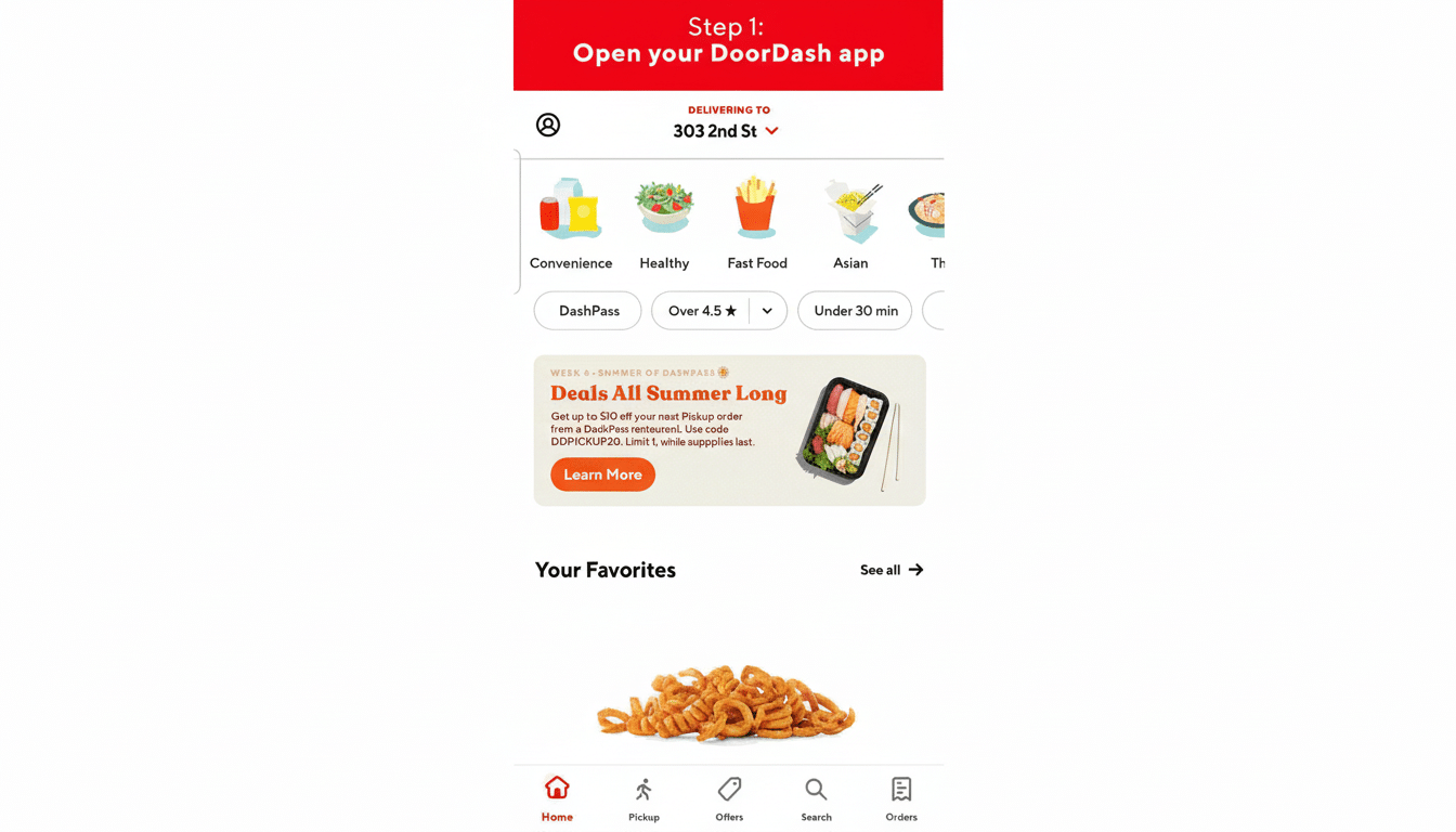 A professionally enhanced image of the DoorDash app interface, resized to a 16:9 aspect ratio. The original content of the app, including the Open your DoorDash app banner, delivery address, category icons, deals, and Your Favorites section with a pile of onion rings, is preserved. The background has been extended with a clean, professional white to fit the new aspect ratio.
