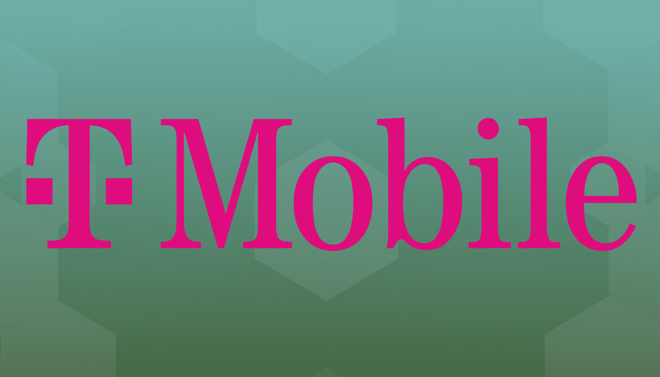 The T-Mobile logo, featuring the word T-Mobile in bright pink, centered on a professional flat design background with a soft green gradient and subtle geometric patterns.