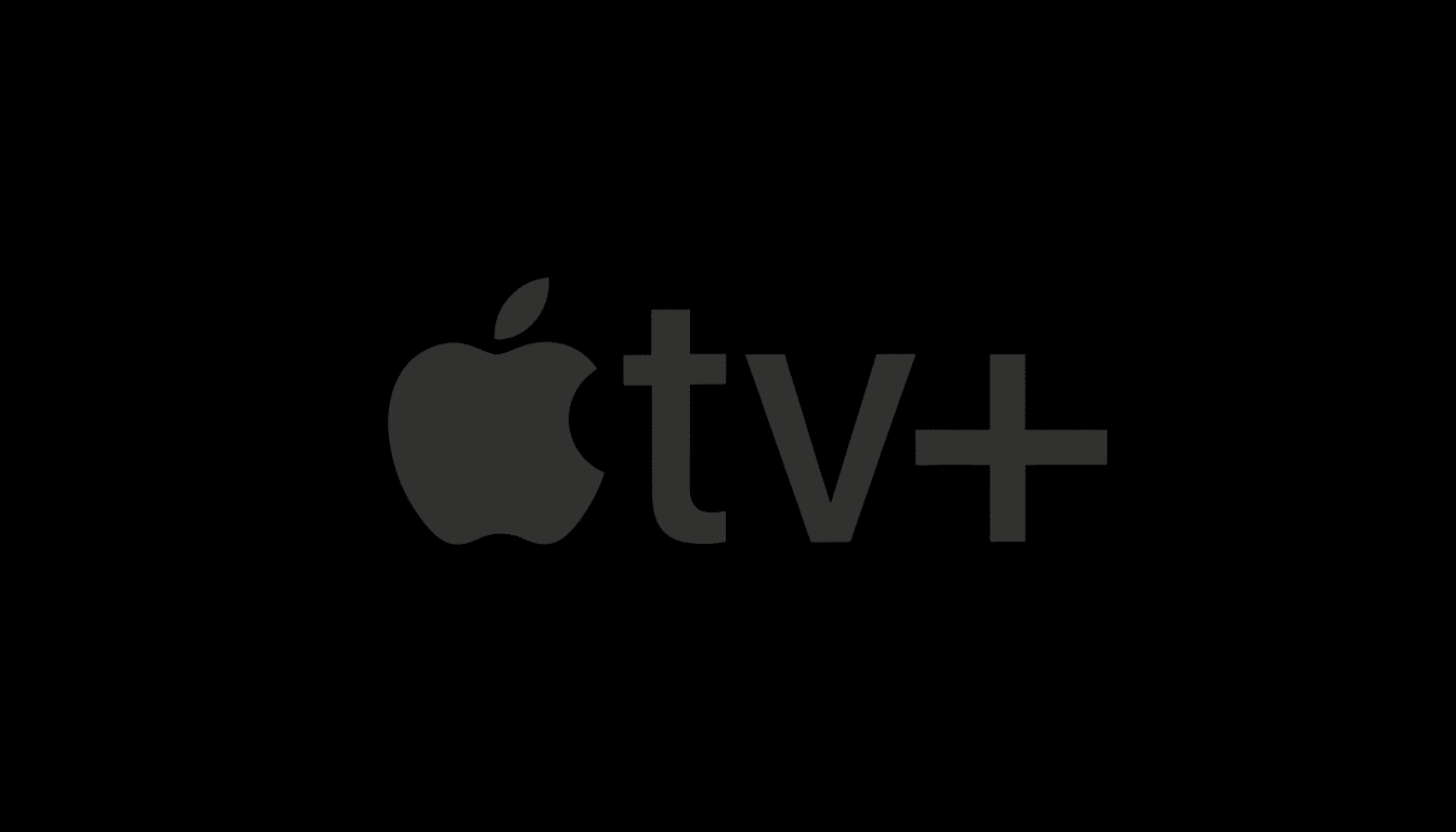 The Apple TV+ logo, featuring a dark gray Apple icon followed by tv+ in a matching dark gray font, all set against a black background.