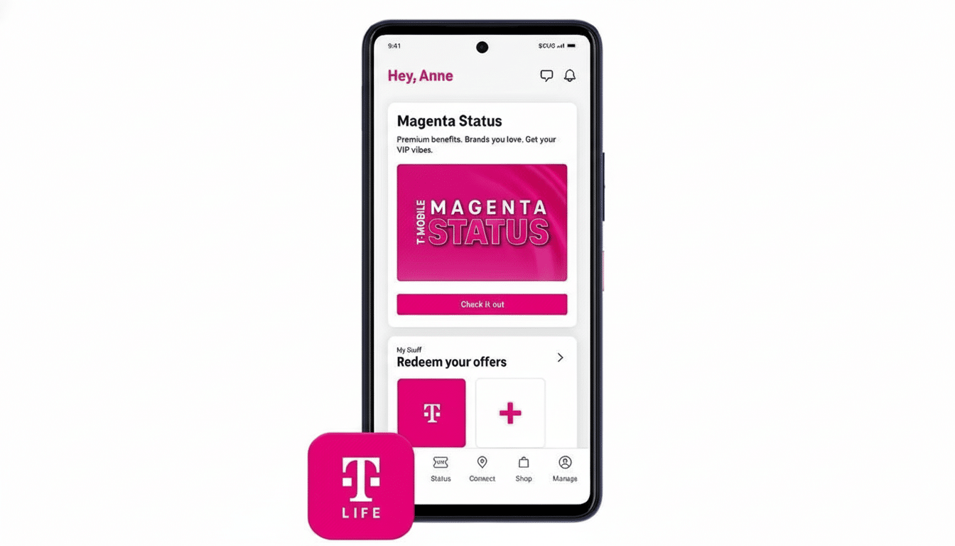 A smartphone displaying the T-Mobile app with Magenta Status and Redeem your offers sections, alongside a floating T-Mobile Life app icon, all presented on a clean white background.