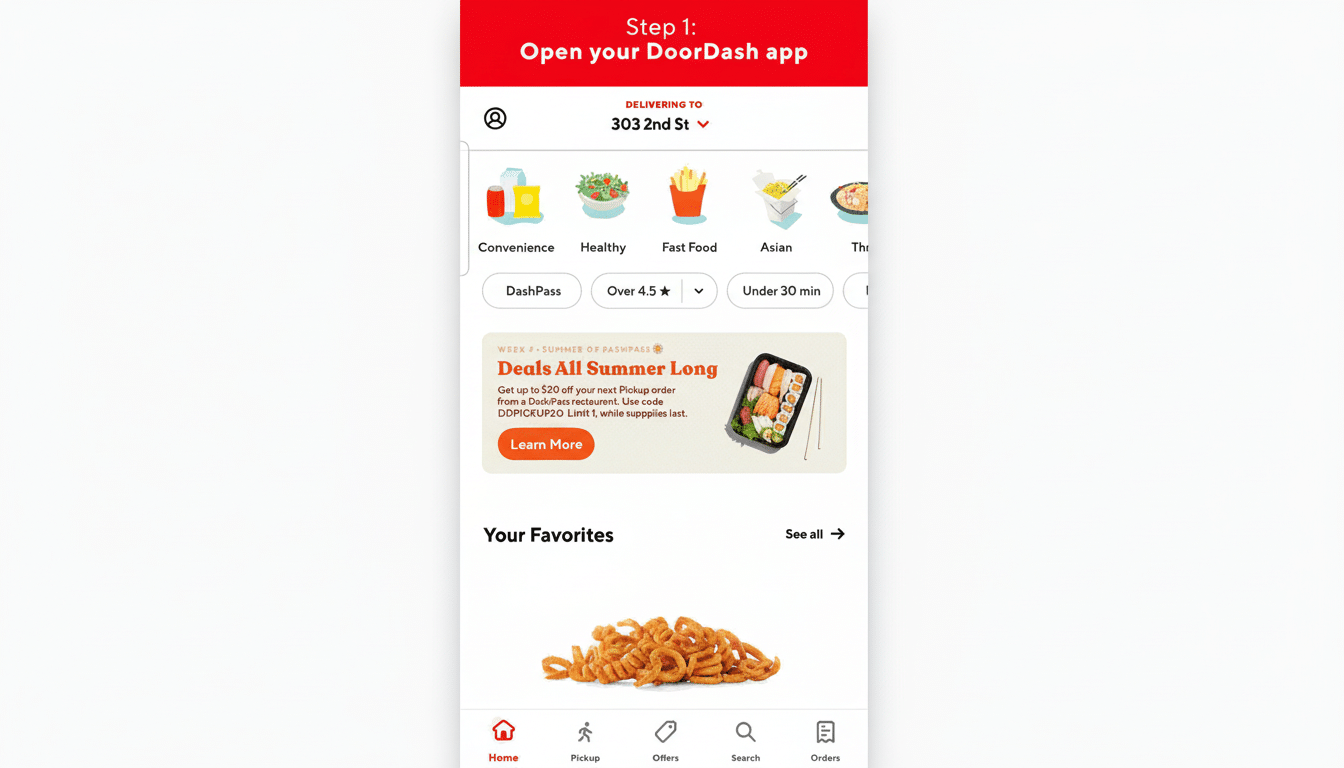 A screenshot of the DoorDash app interface, resized to a 16:9 aspect ratio, showing various food categories, a Deals All Summer Long banner with a sushi platter, and a pile of onion rings under Your Favorites.