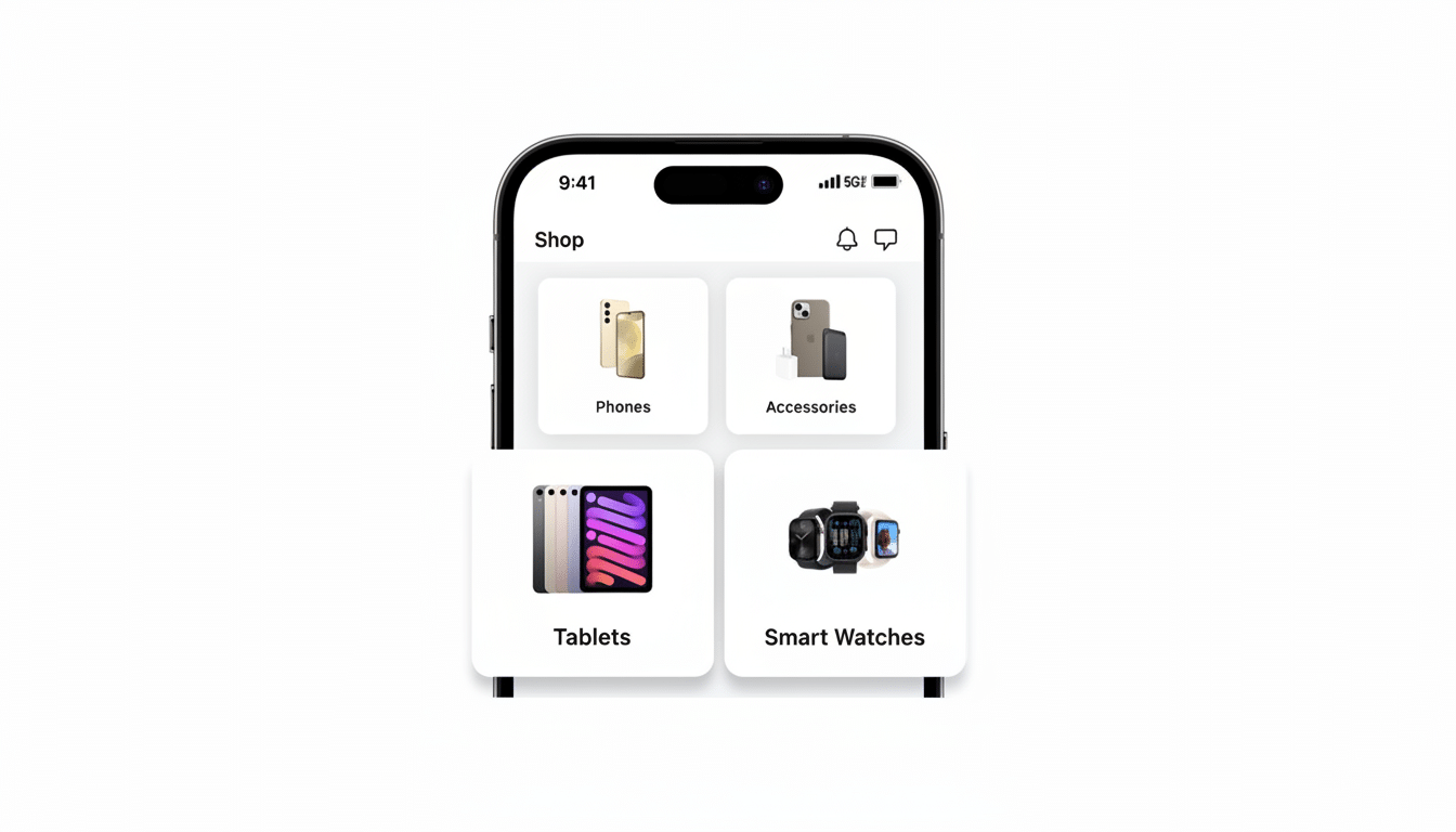 A smartphone screen displaying a shopping app interface with categories for Phones, Accessories, Tablets, and Smart Watches.