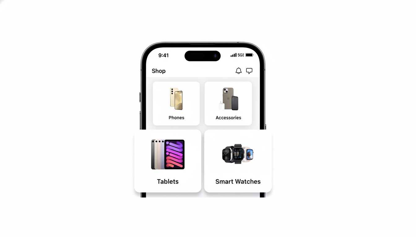 A smartphone screen displaying a Shop app interface with categories for Phones, Accessories, Tablets, and Smart Watches.